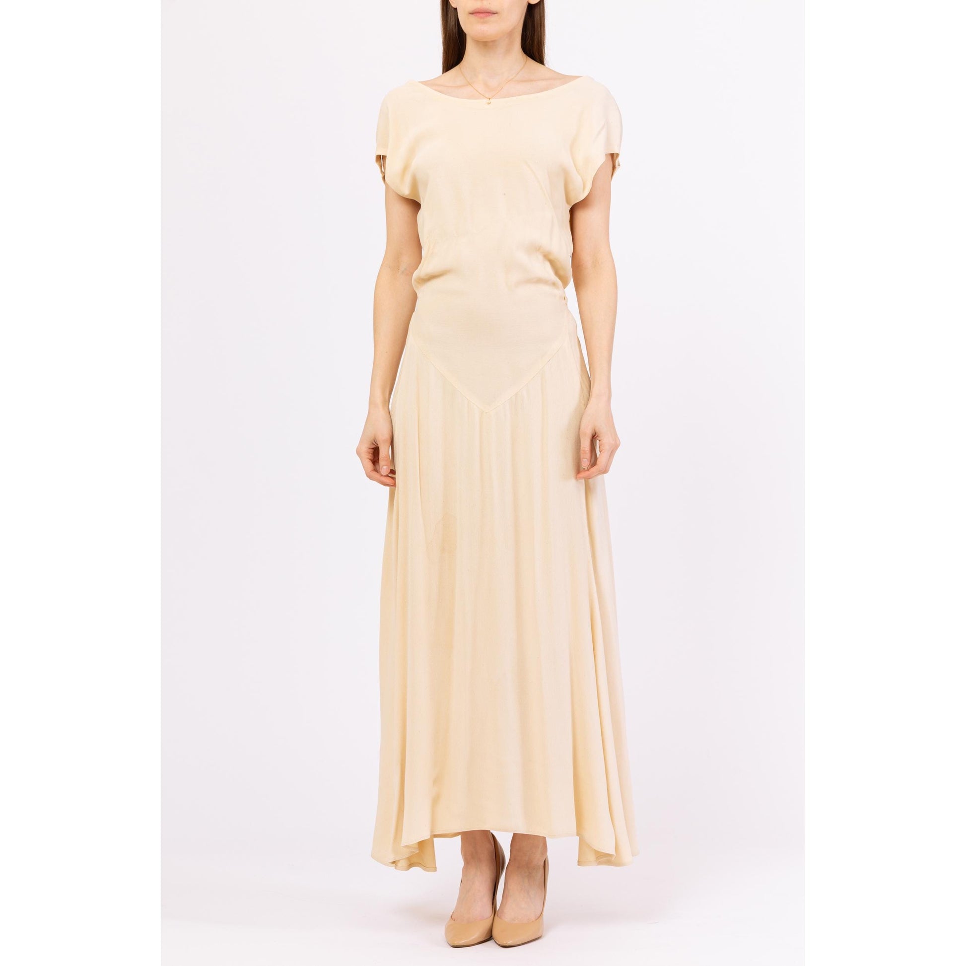 Vintage 1930s Cream Low Back Bias Cut Evening Gown - XS to Small | 30s Old Hollywood Style Deco Drop Waist Cowl Draped Maxi Wedding Dress