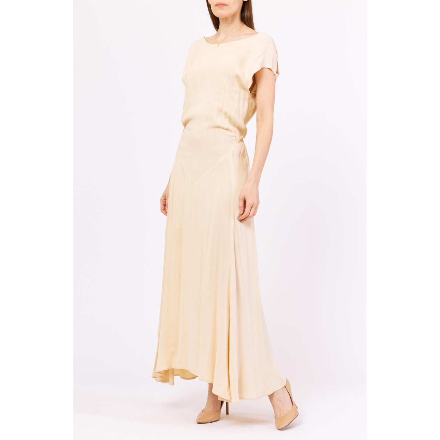 Vintage 1930s Cream Low Back Bias Cut Evening Gown - XS to Small | 30s Old Hollywood Style Deco Drop Waist Cowl Draped Maxi Wedding Dress