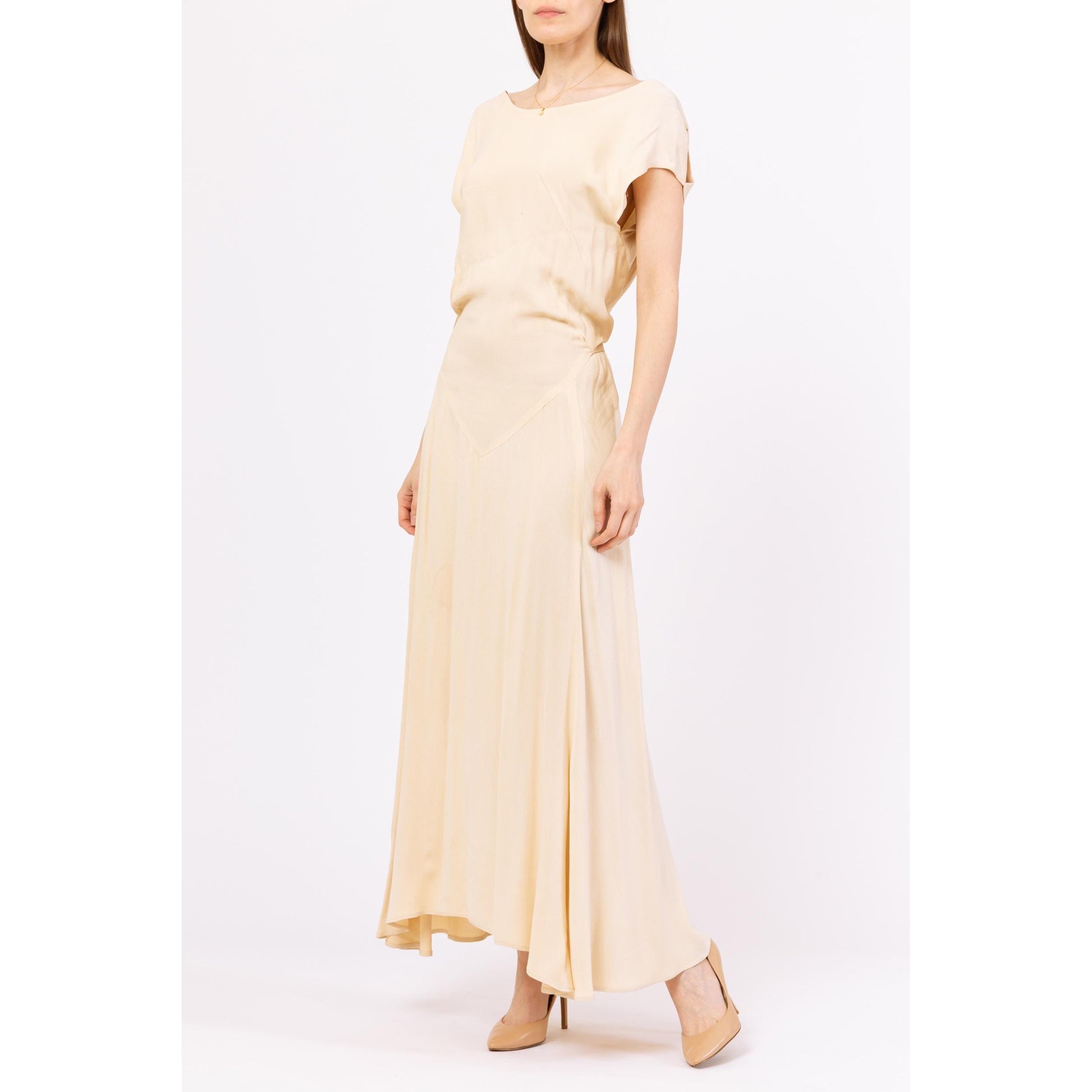 Vintage 1930s Cream Low Back Bias Cut Evening Gown - XS to Small | 30s Old Hollywood Style Deco Drop Waist Cowl Draped Maxi Wedding Dress