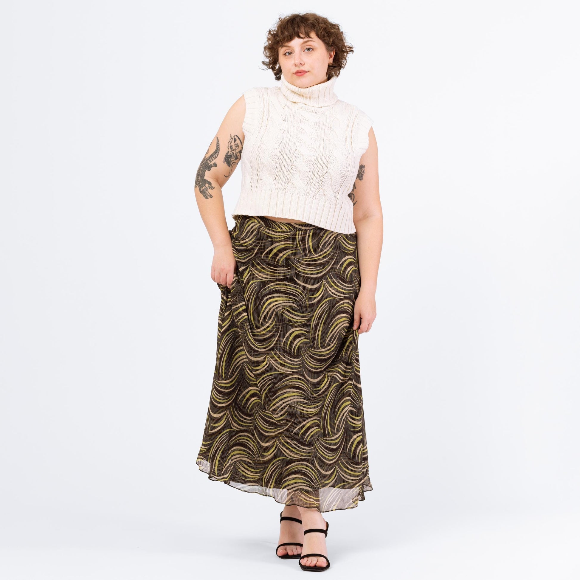Vintage Y2K Black & Green Silk Abstract Print Maxi Skirt - Extra Large, Size 16 | Bias Cut Sheer Overlay Flowy Skirt