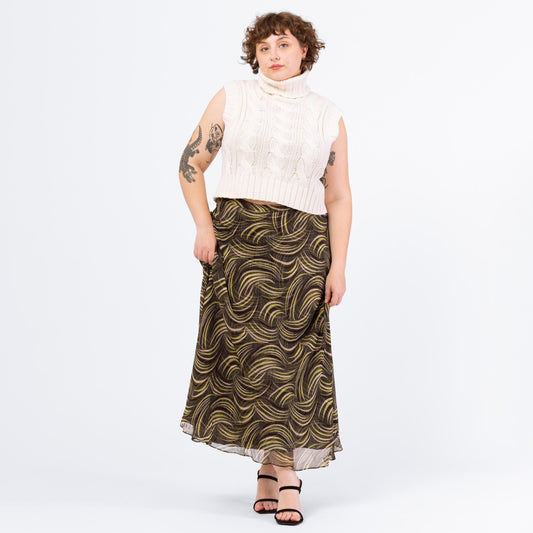 Vintage Y2K Black & Green Silk Abstract Print Maxi Skirt - Extra Large, Size 16 | Bias Cut Sheer Overlay Flowy Skirt