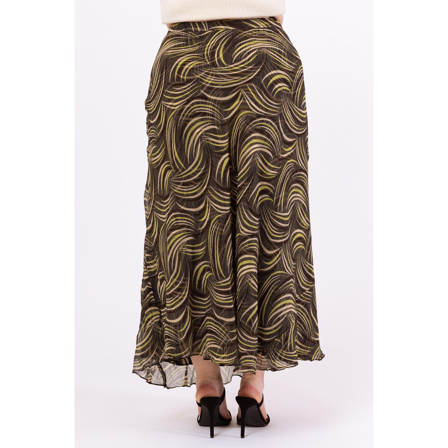 Vintage Y2K Black & Green Silk Abstract Print Maxi Skirt - Extra Large, Size 16 | Bias Cut Sheer Overlay Flowy Skirt