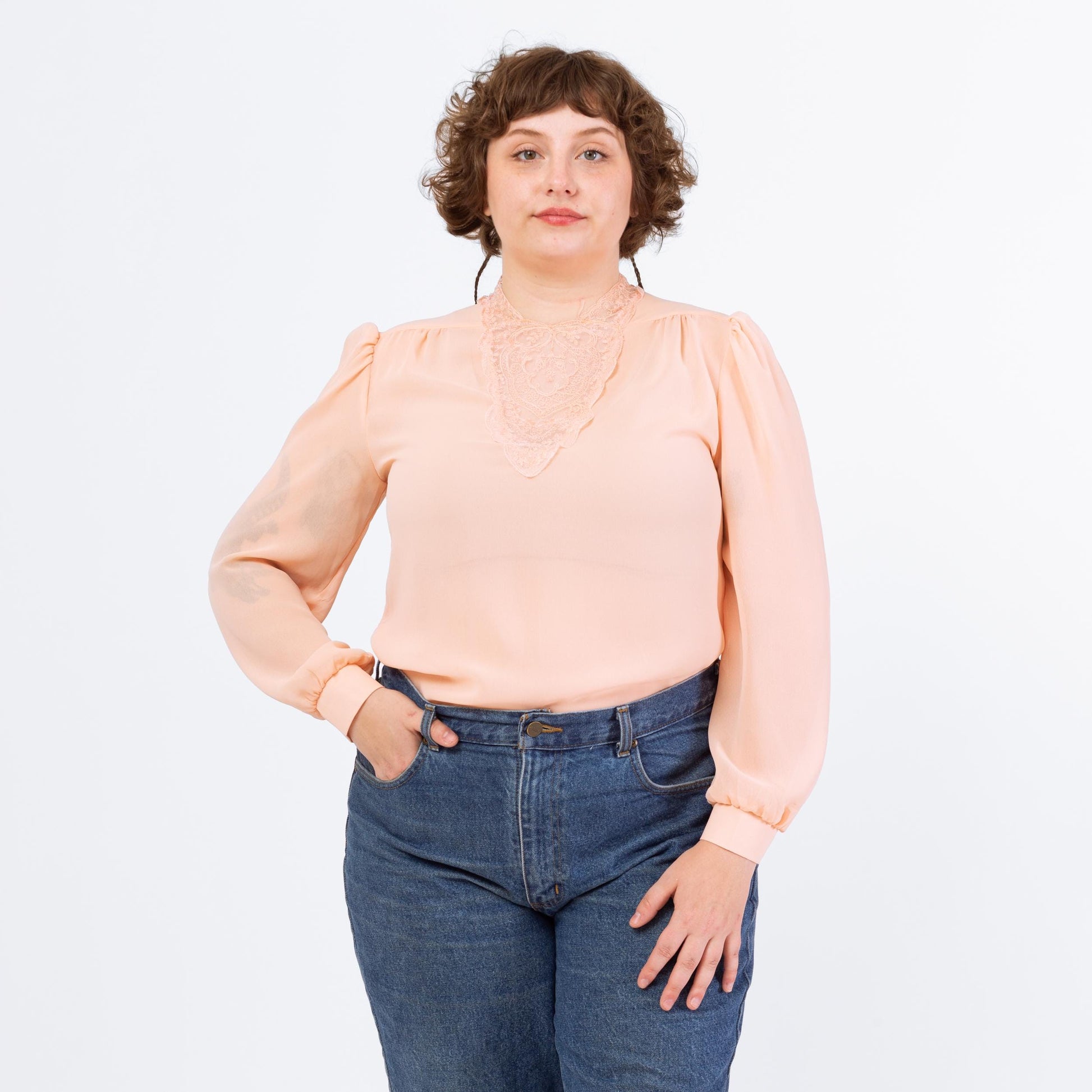 Vintage 70s Victorian Peach Pink Cutout Lace Collar Blouse - Large | Romantic Long Sleeve Top, High Neck Revival Blouse