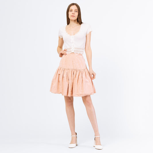 Vintage 80 Pink Jacquard Fleur De Lis Tiered Skirt - Small | High Rise Drop Waist Mini Skirt, Coquette French Cottagecore Outfit