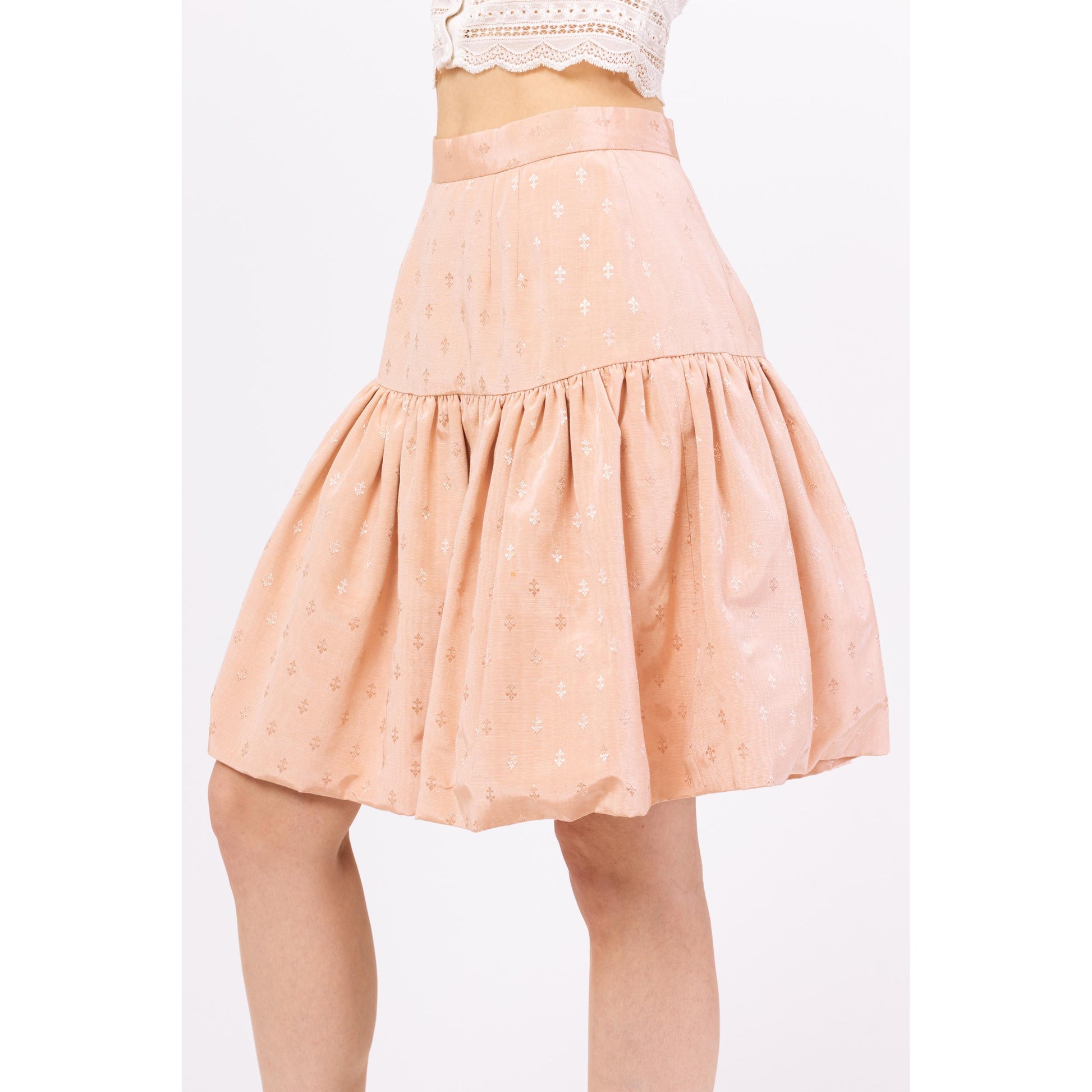 Vintage 80 Pink Jacquard Fleur De Lis Tiered Skirt - Small | High Rise Drop Waist Mini Skirt, Coquette French Cottagecore Outfit
