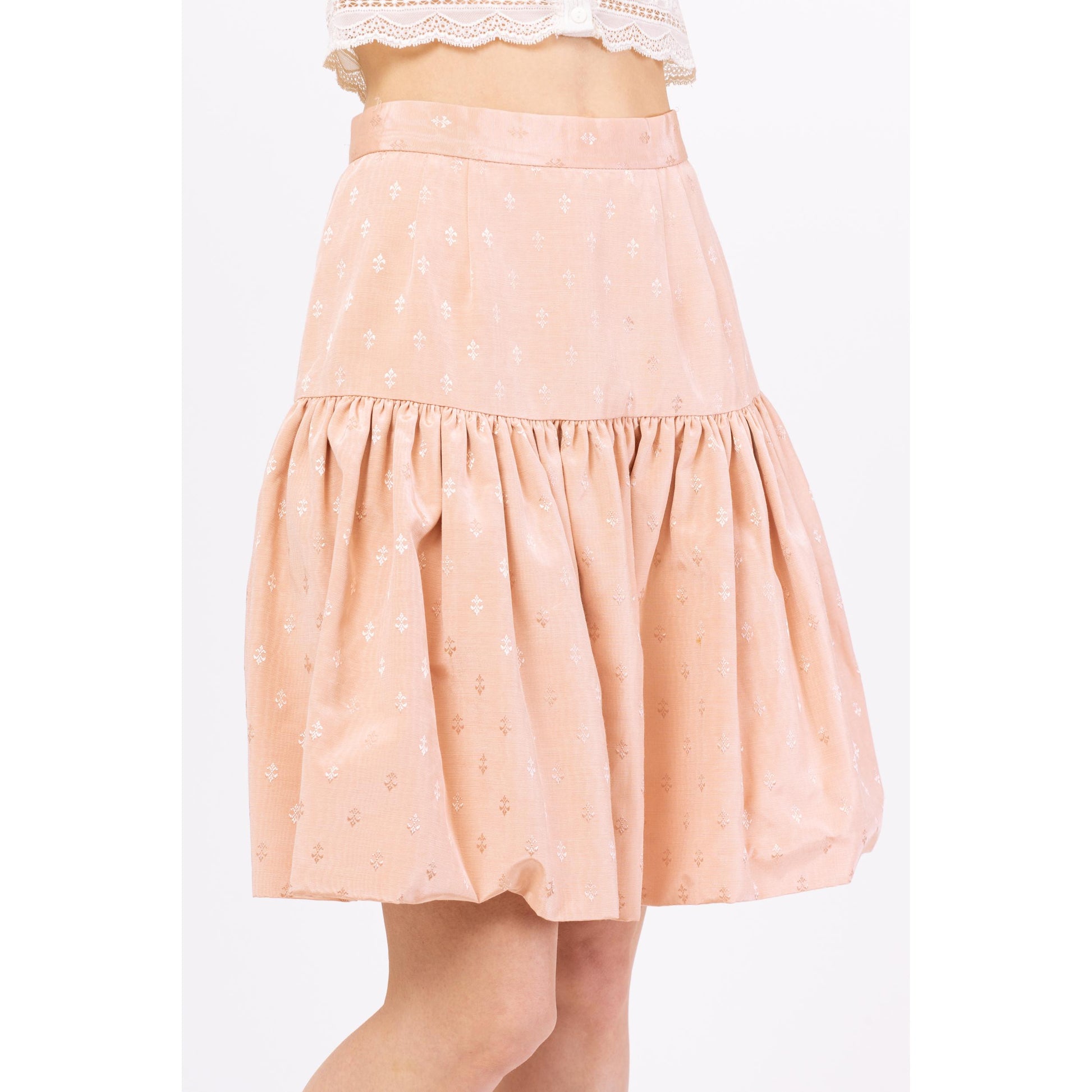 Vintage 80 Pink Jacquard Fleur De Lis Tiered Skirt - Small | High Rise Drop Waist Mini Skirt, Coquette French Cottagecore Outfit