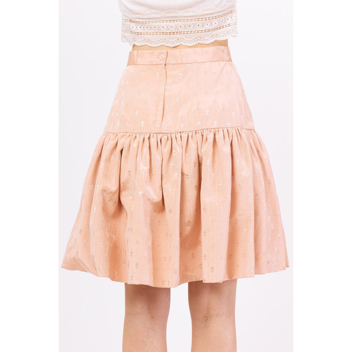 Vintage 80 Pink Jacquard Fleur De Lis Tiered Skirt - Small | High Rise Drop Waist Mini Skirt, Coquette French Cottagecore Outfit