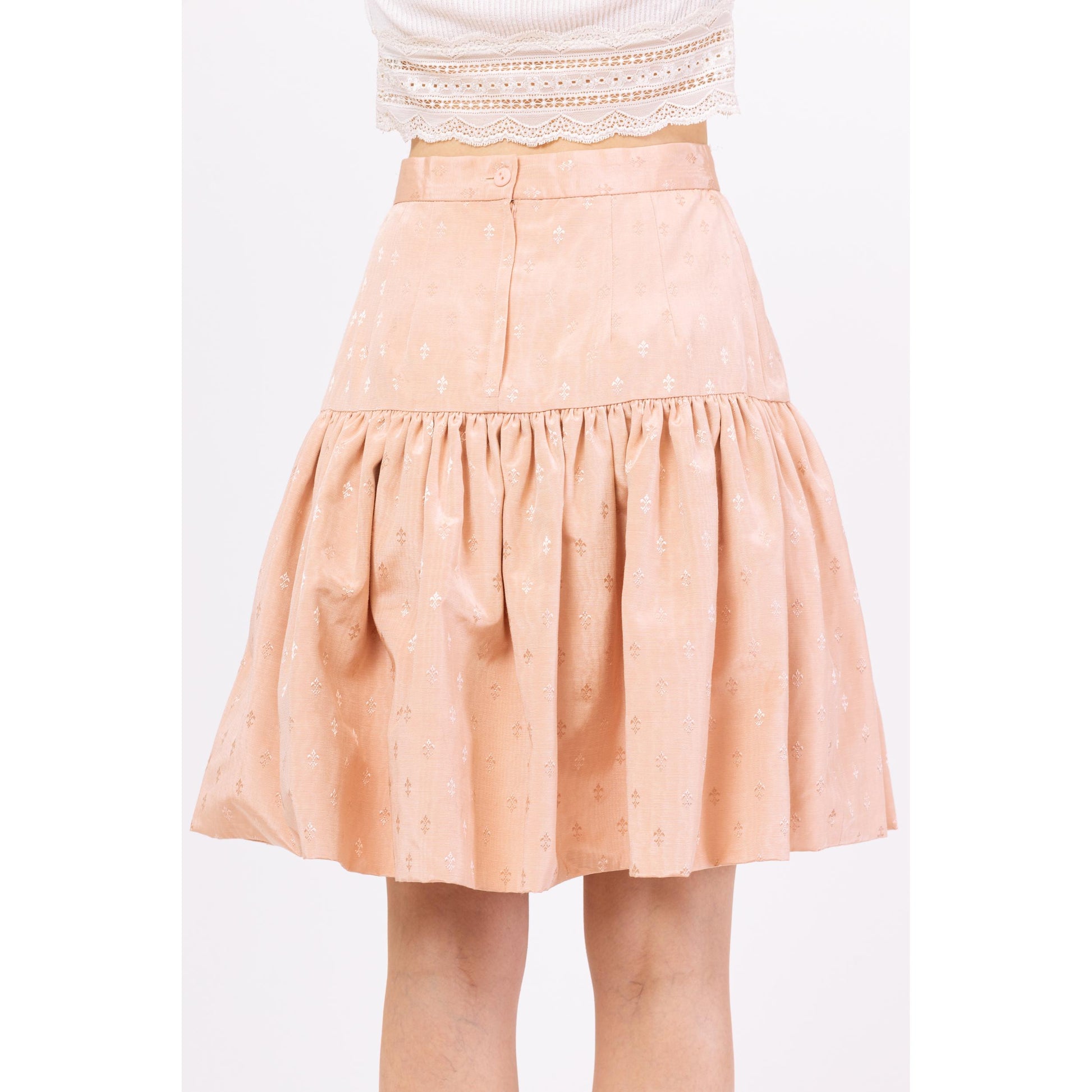 Vintage 80 Pink Jacquard Fleur De Lis Tiered Skirt - Small | High Rise Drop Waist Mini Skirt, Coquette French Cottagecore Outfit