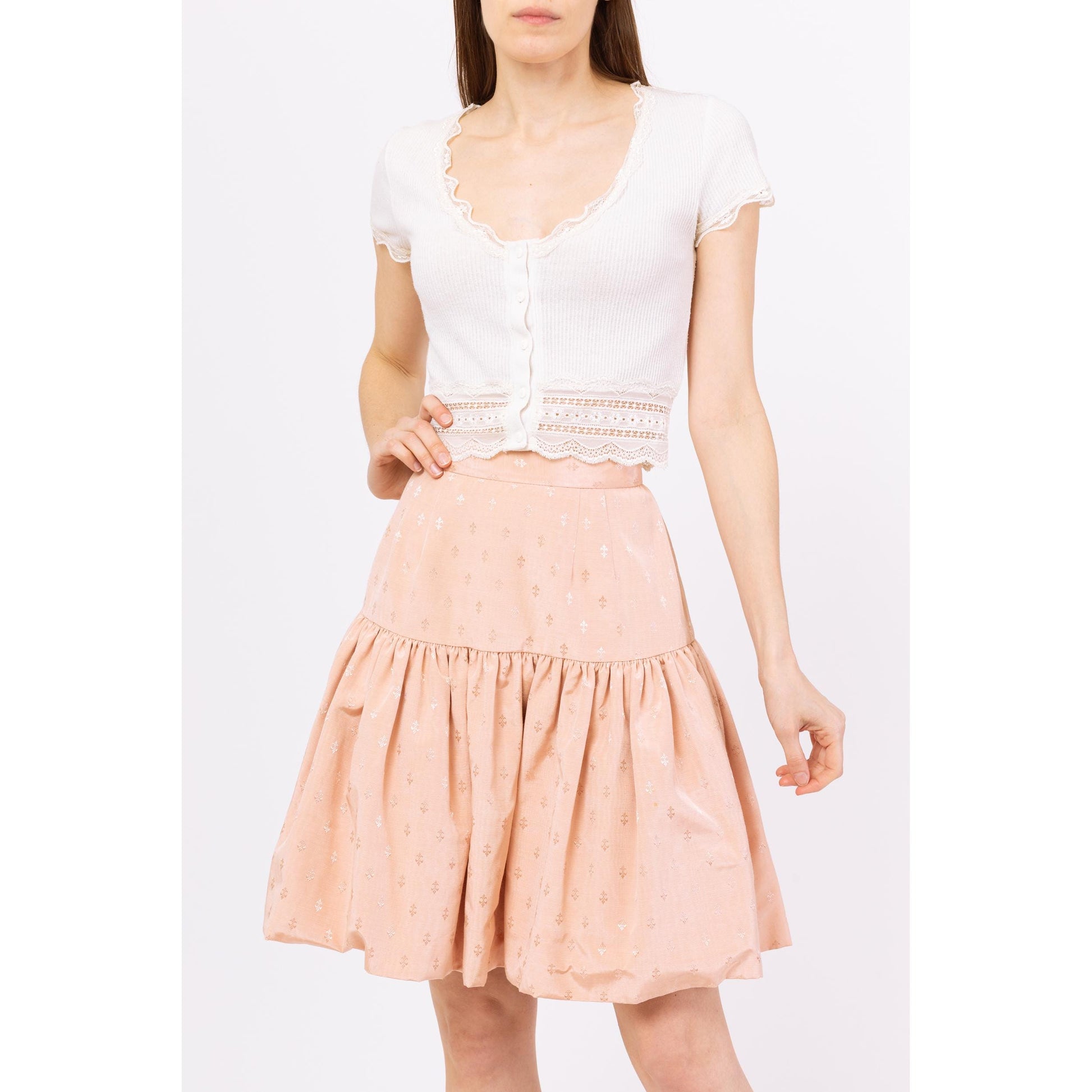 Vintage 80 Pink Jacquard Fleur De Lis Tiered Skirt - Small | High Rise Drop Waist Mini Skirt, Coquette French Cottagecore Outfit