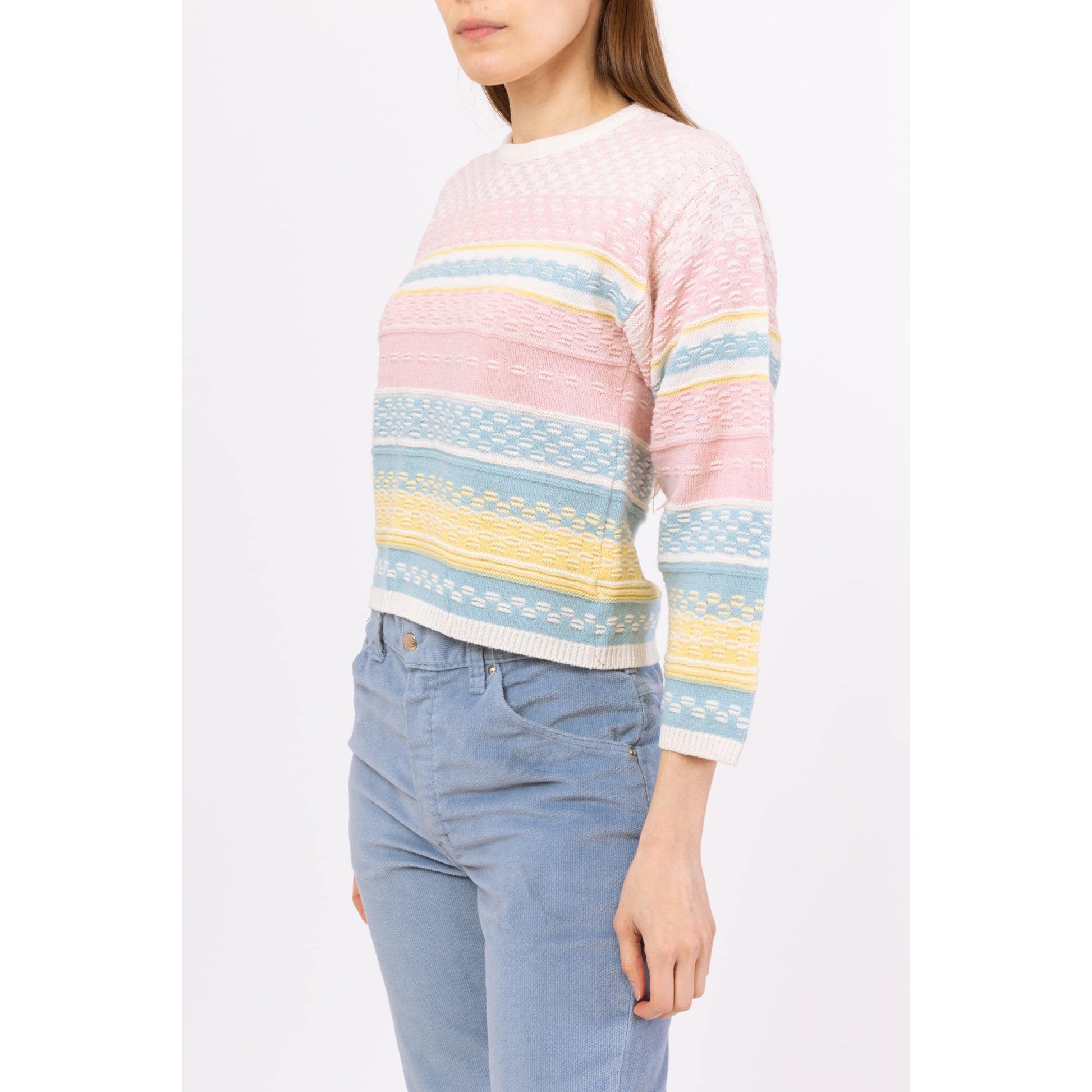 Vintage 80s Pastel Striped Knit Cropped Sweater - Small to Medium | Textured Rainbow Pullover, Cottagecore Easter Spring Top