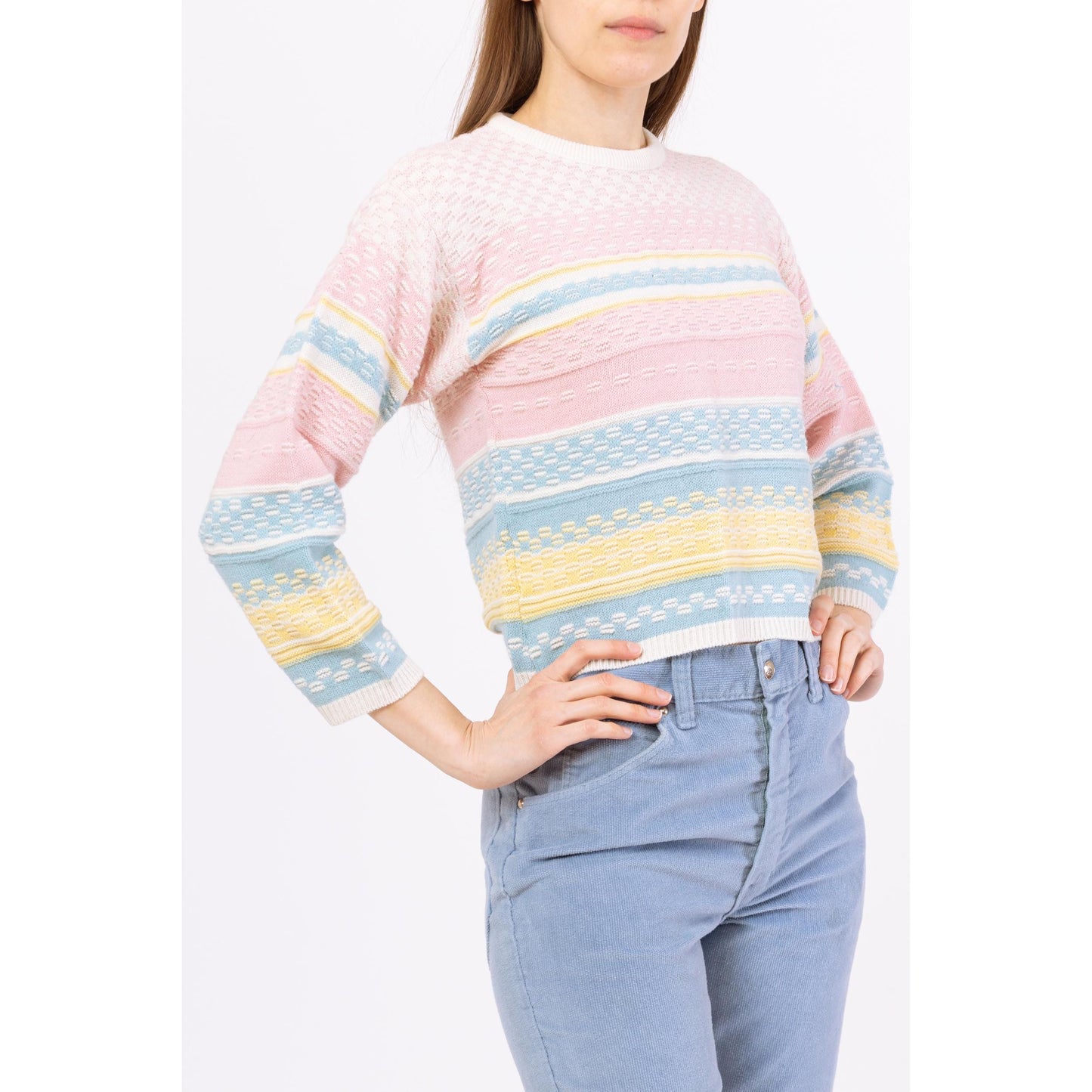 Vintage 80s Pastel Striped Knit Cropped Sweater - Small to Medium | Textured Rainbow Pullover, Cottagecore Easter Spring Top