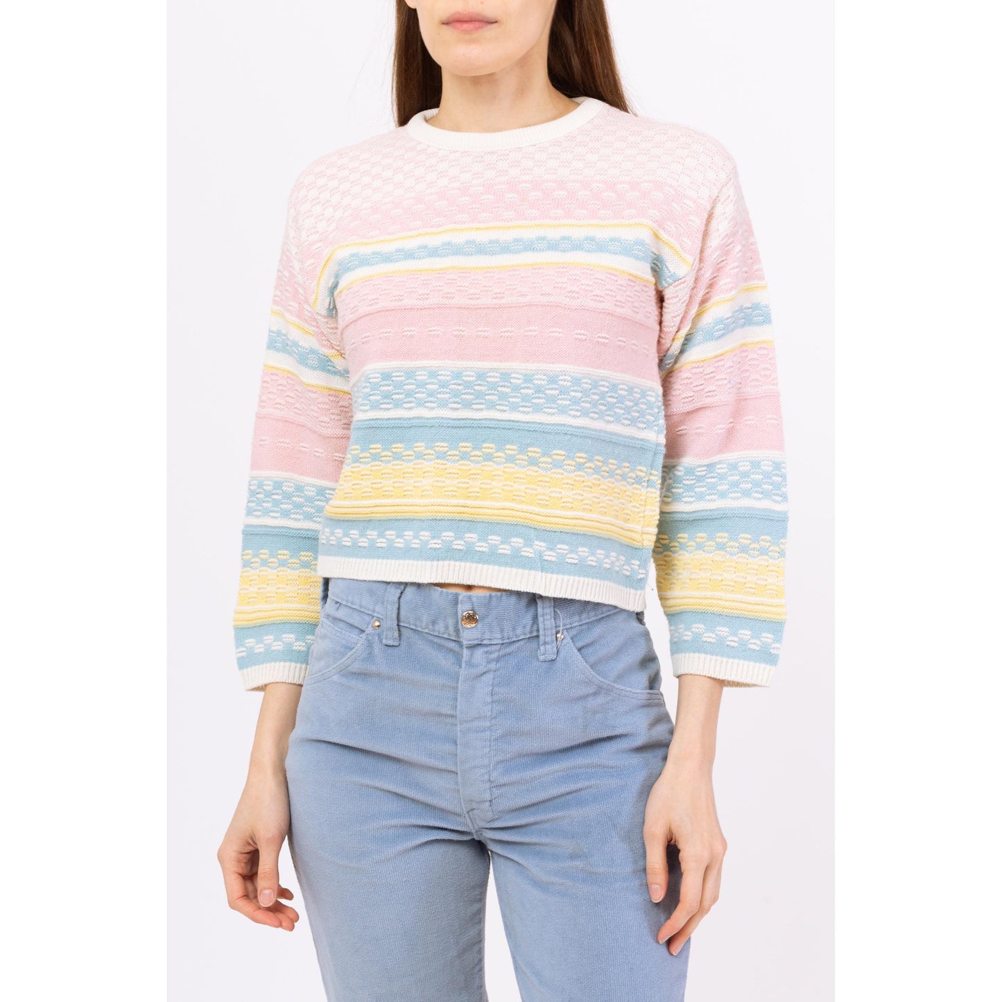 Vintage 80s Pastel Striped Knit Cropped Sweater - Small to Medium | Textured Rainbow Pullover, Cottagecore Easter Spring Top