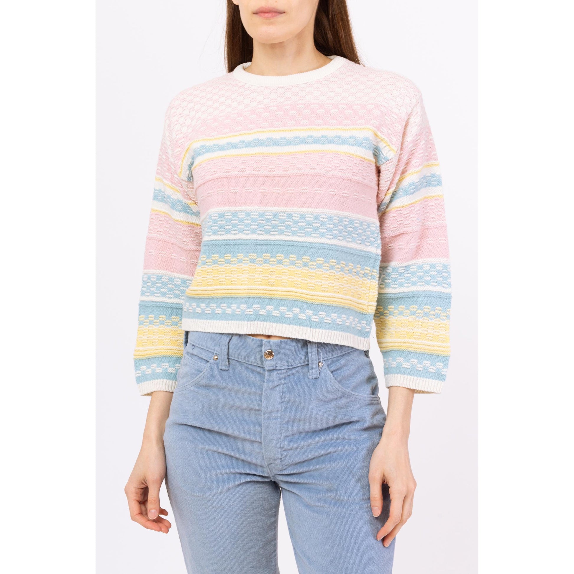 Vintage 80s Pastel Striped Knit Cropped Sweater - Small to Medium | Textured Rainbow Pullover, Cottagecore Easter Spring Top