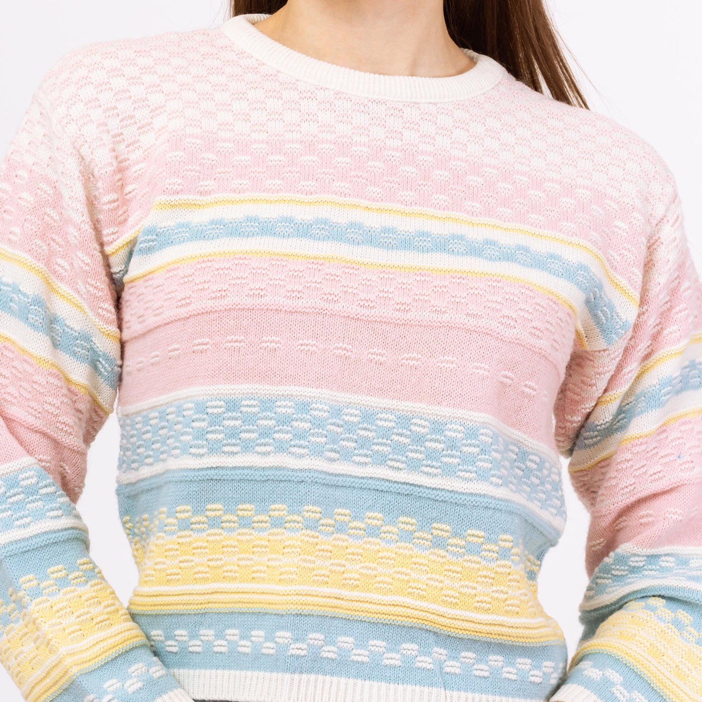 Vintage 80s Pastel Striped Knit Cropped Sweater - Small to Medium | Textured Rainbow Pullover, Cottagecore Easter Spring Top