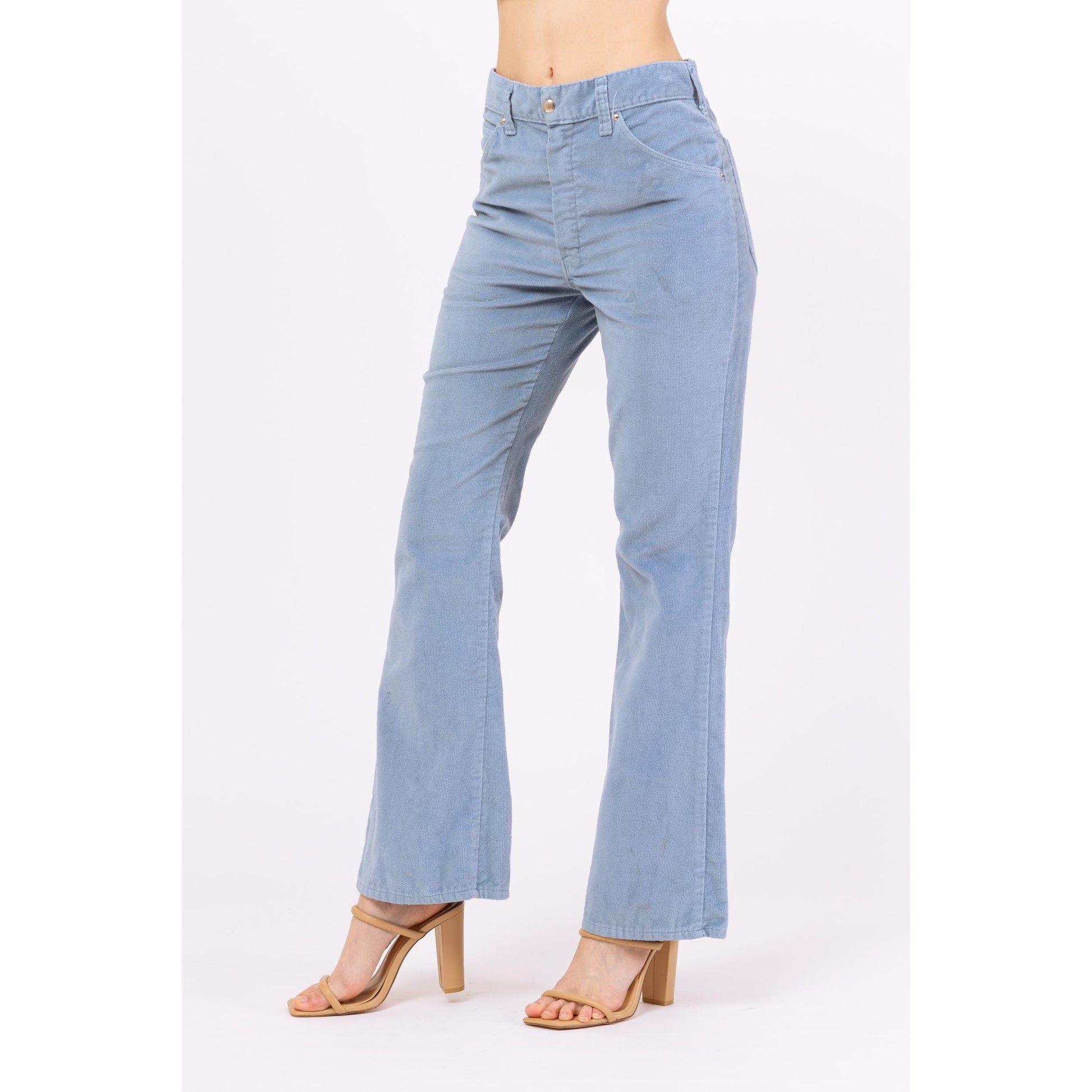 Vintage 70s Baby Blue Corduroy Flared Unisex Pants - Small to Medium, 29" Waist | Retro High Waisted Trousers, Boho 1970s Cords