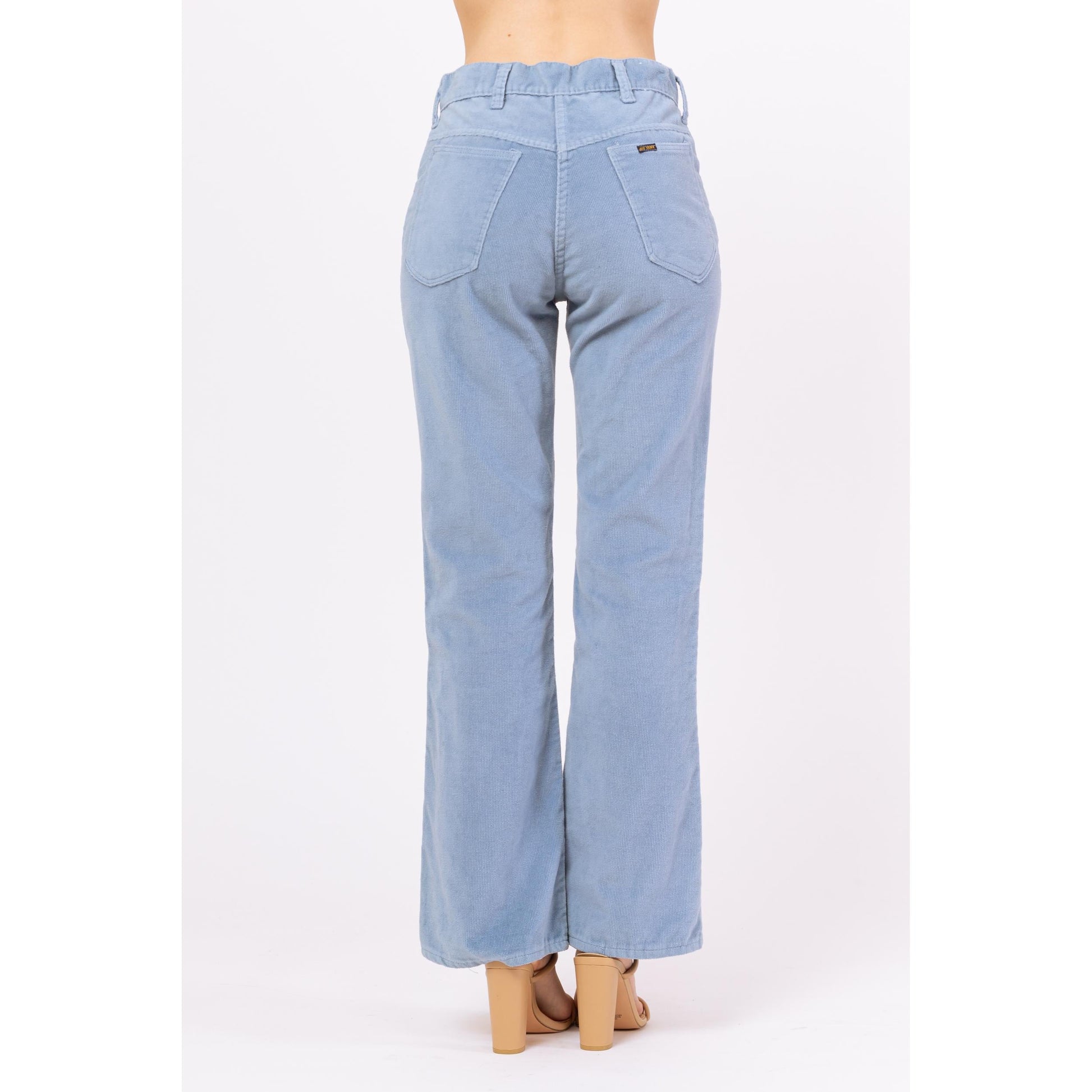 Vintage 70s Baby Blue Corduroy Flared Unisex Pants - Small to Medium, 29" Waist | Retro High Waisted Trousers, Boho 1970s Cords