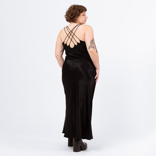 Vintage 90s Black Satin Strappy Back Formal Maxi Dress - Large | Bias Cut Evening Gown, Criss Cross Low Back Cocktail Wedding Guest Dress