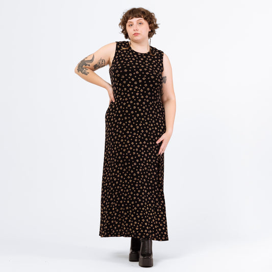 Vintage 90s Slinky Black Floral Maxi Tank Dress - Extra Large | Vintage Sleeveless Grunge Bodycon Dress, Stretchy Summer Sundress