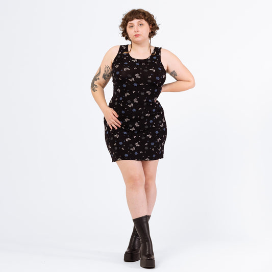 Vintage 90s Black Butterfly & Floral Print Bodycon Mini Dress - Large | Sleeveless Stretchy Grunge Summer Sundress