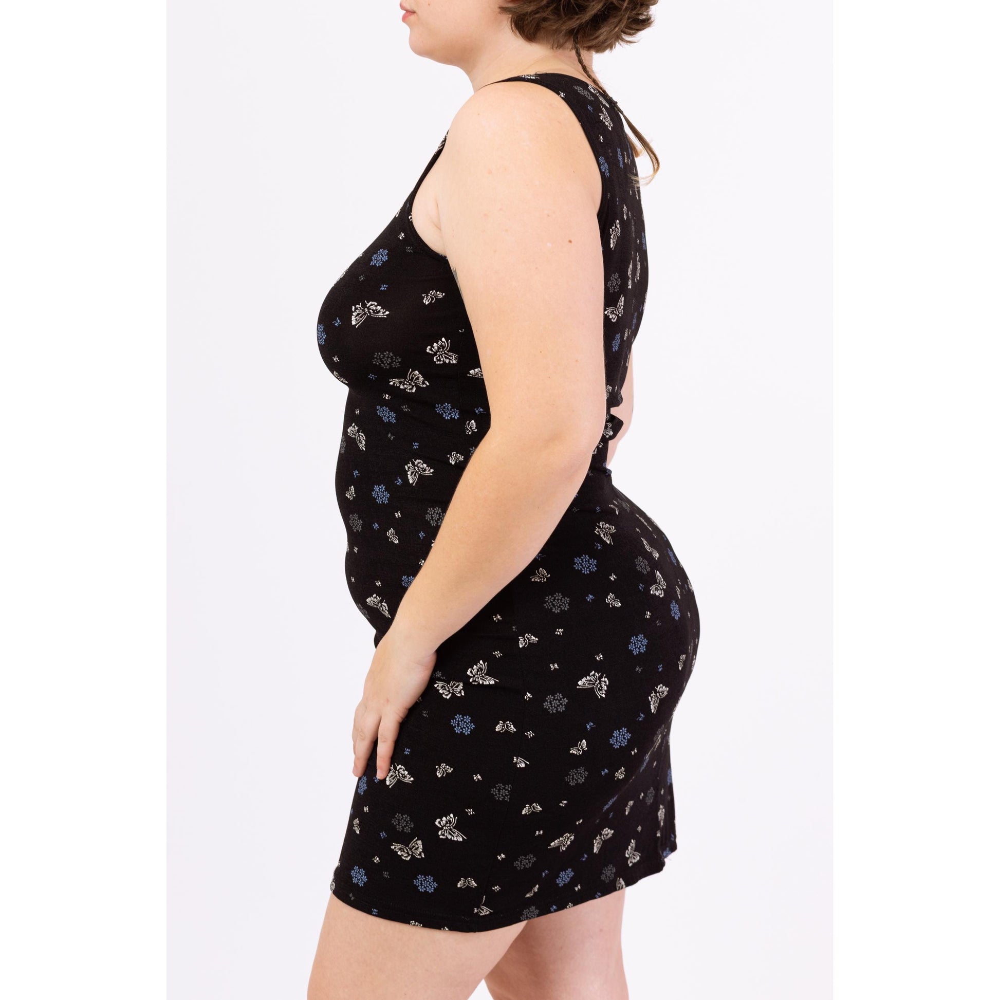 Vintage 90s Black Butterfly & Floral Print Bodycon Mini Dress - Large | Sleeveless Stretchy Grunge Summer Sundress