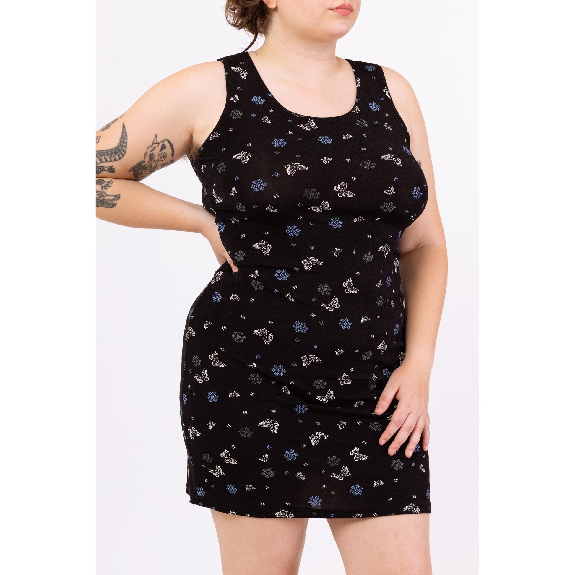 Vintage 90s Black Butterfly & Floral Print Bodycon Mini Dress - Large | Sleeveless Stretchy Grunge Summer Sundress