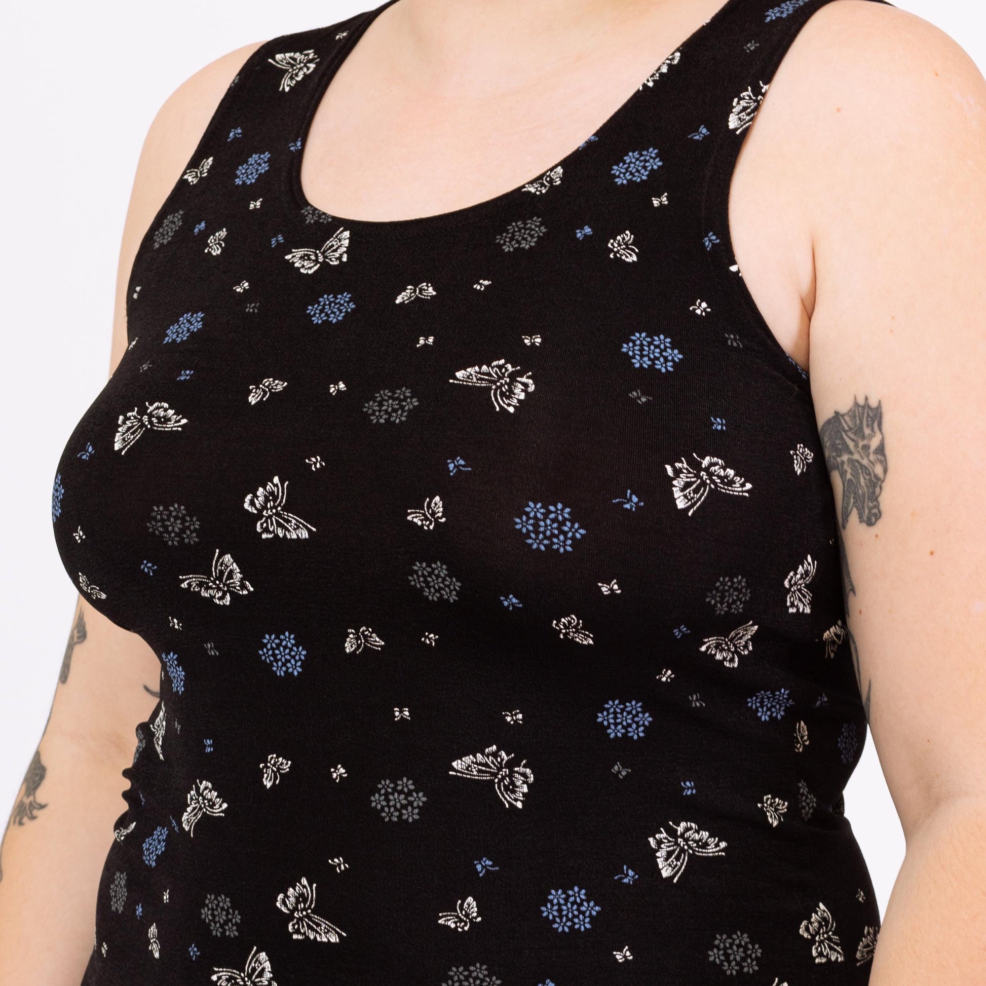 Vintage 90s Black Butterfly & Floral Print Bodycon Mini Dress - Large | Sleeveless Stretchy Grunge Summer Sundress