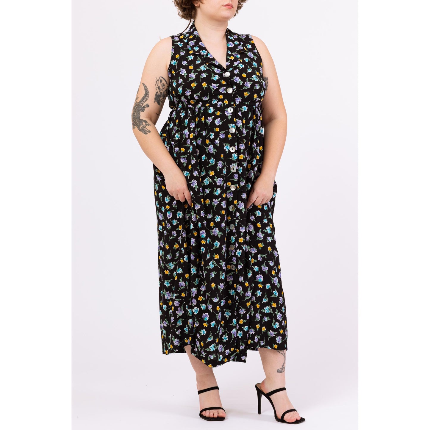 Vintage 90s Black Floral Sleeveless Maxi Sundress - Large, Size 14 | Boho Button Up Collared Tie Back Grunge Dress