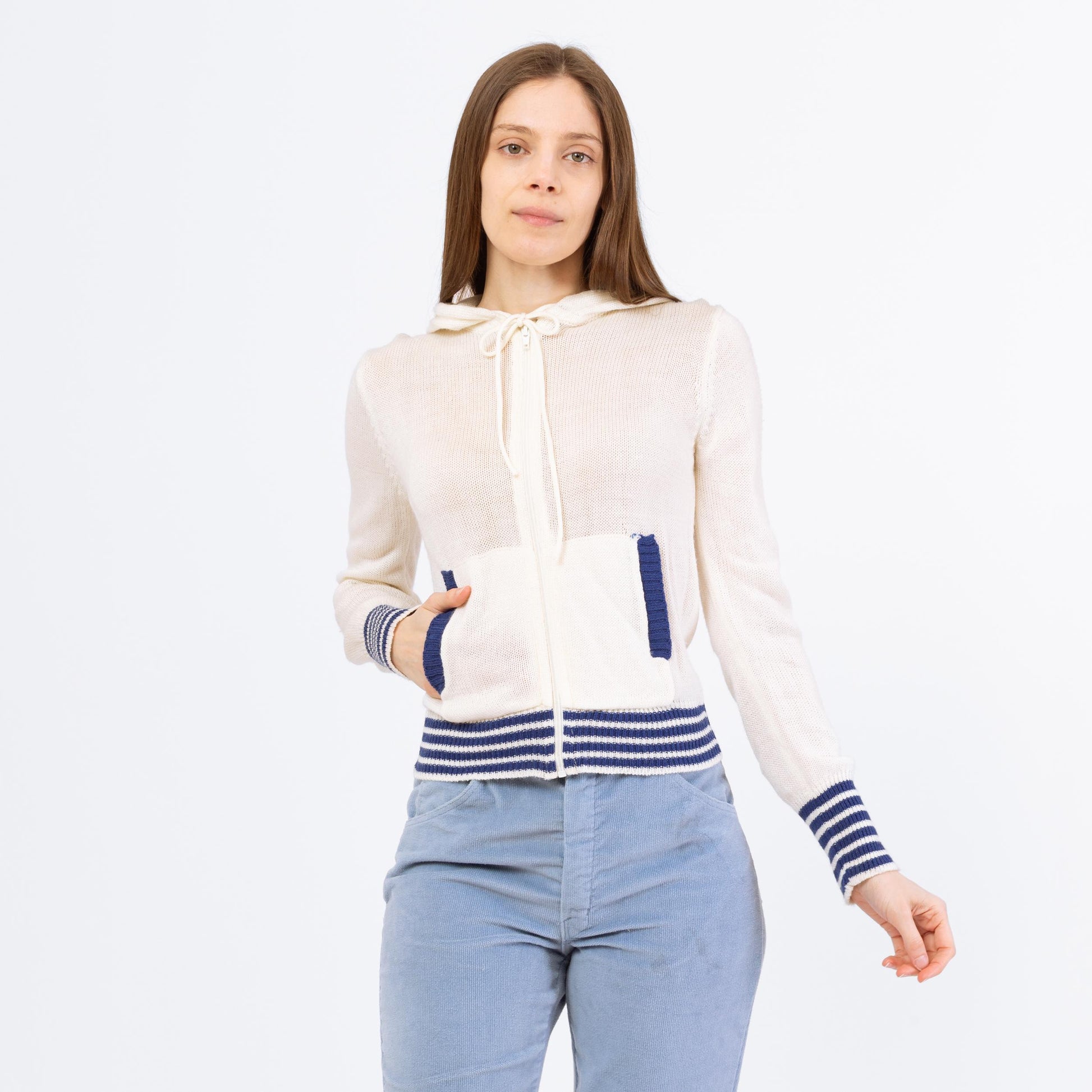 Vintage 70s 80s White & Blue Striped Knit Hoodie - Small to Medium | Lightweight Zip Up Cropped Hooded Sweater