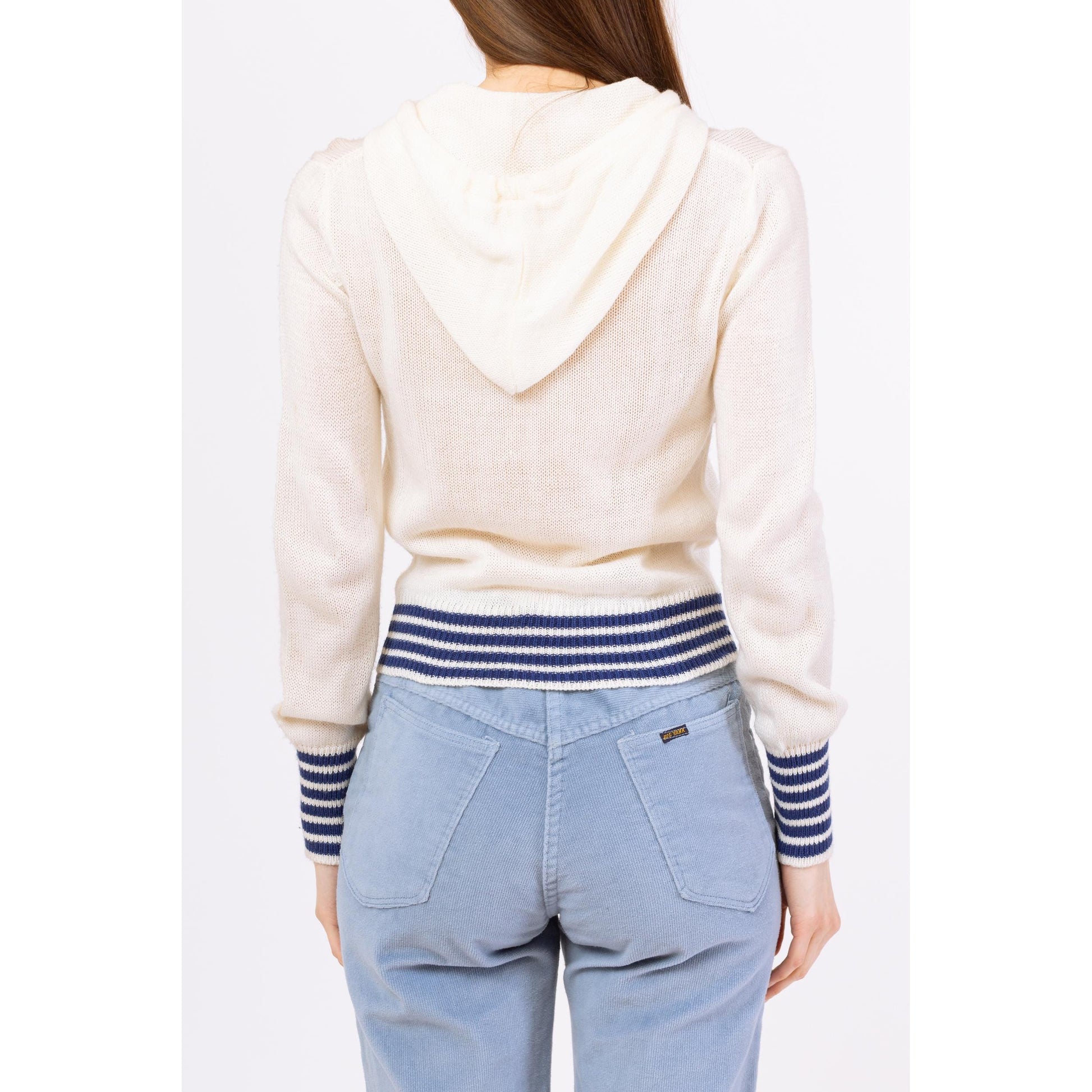 Vintage 70s 80s White & Blue Striped Knit Hoodie - Small to Medium | Lightweight Zip Up Cropped Hooded Sweater