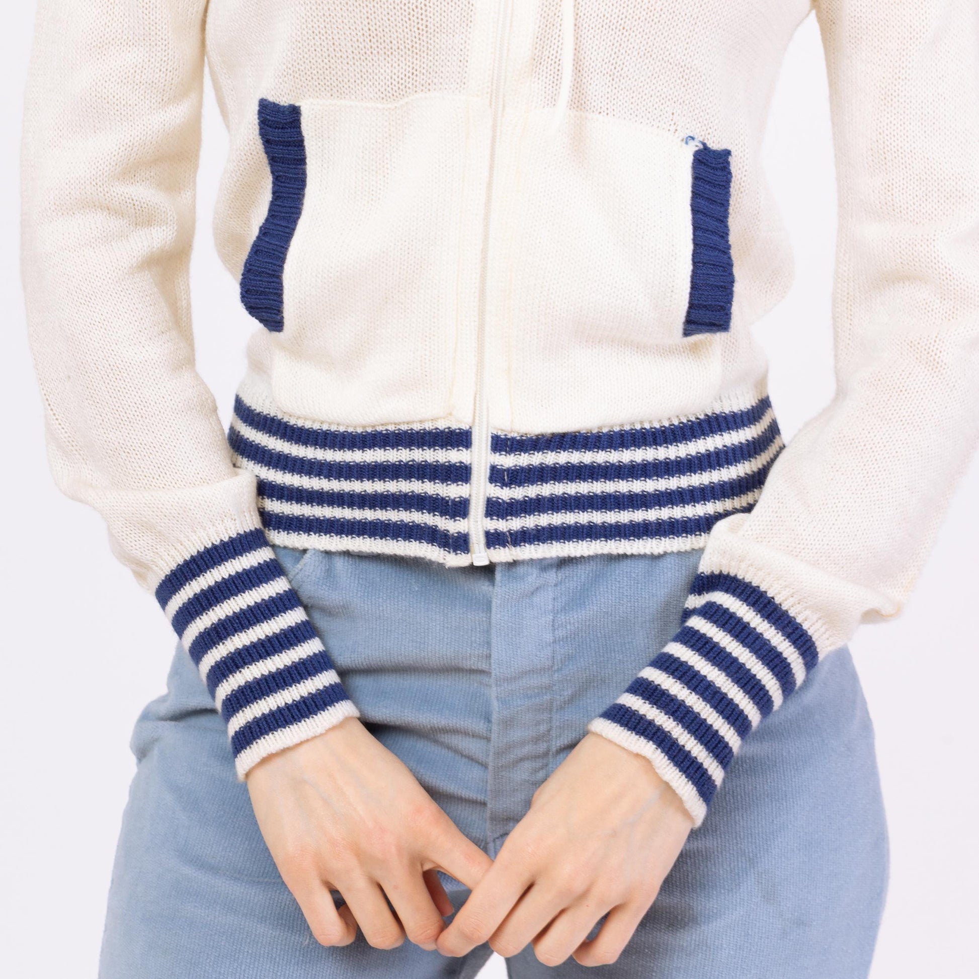 Vintage 70s 80s White & Blue Striped Knit Hoodie - Small to Medium | Lightweight Zip Up Cropped Hooded Sweater