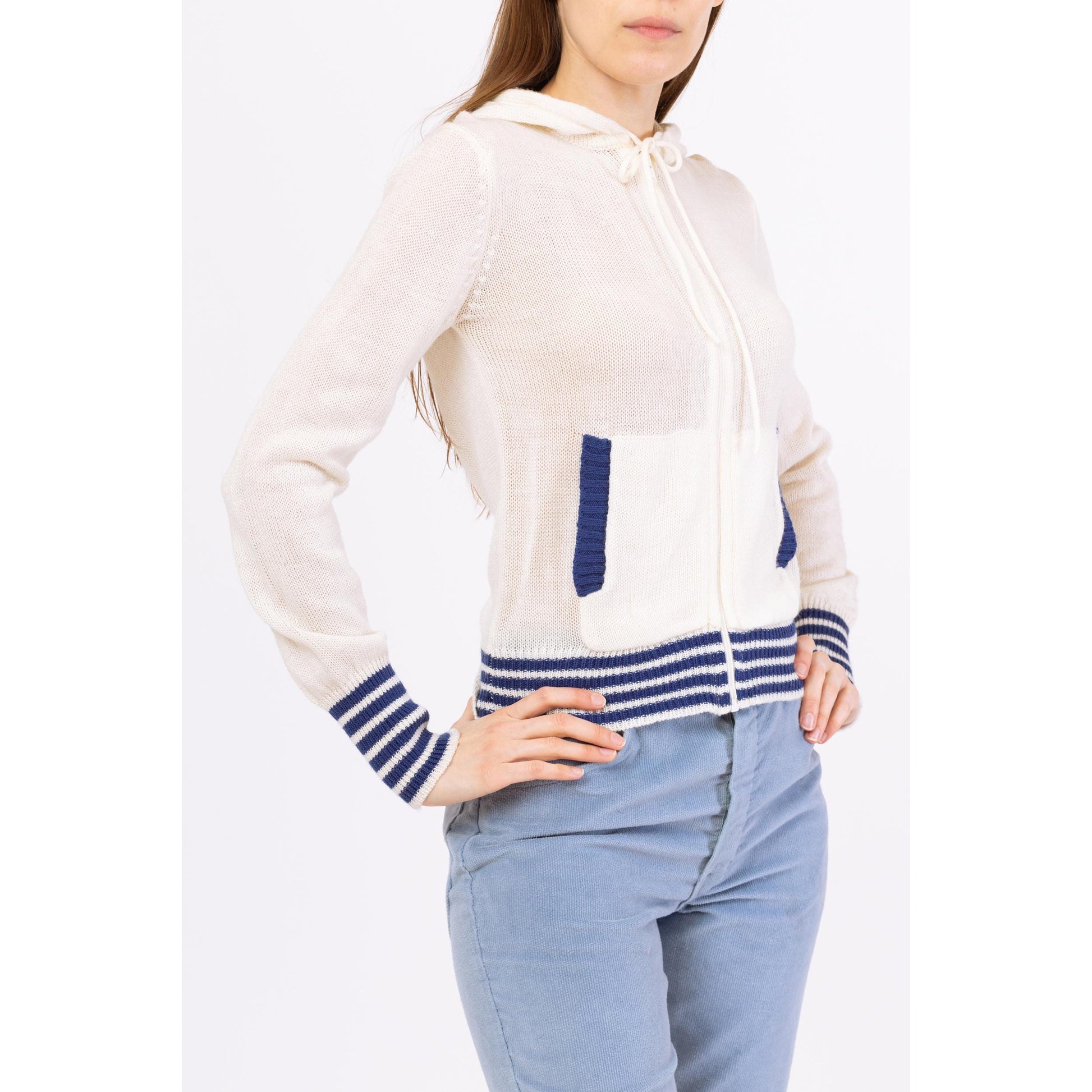 Vintage 70s 80s White & Blue Striped Knit Hoodie - Small to Medium | Lightweight Zip Up Cropped Hooded Sweater