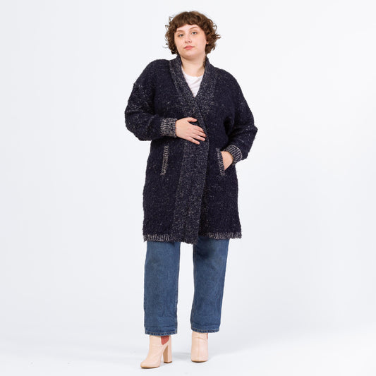 Vintage 80s Navy Blue Marled Boucle Knit Long Cardigan - One Size | Open Front Boho Chunky Knit Longline Fall Sweater Cover Up