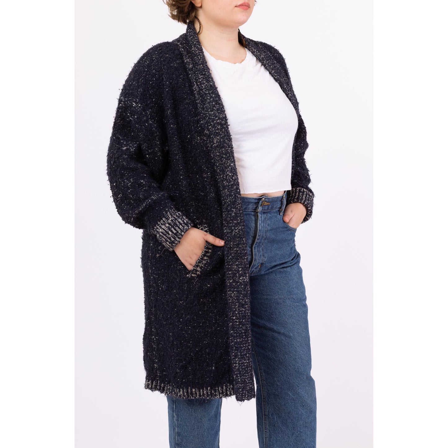 Vintage 80s Navy Blue Marled Boucle Knit Long Cardigan - One Size | Open Front Boho Chunky Knit Longline Fall Sweater Cover Up