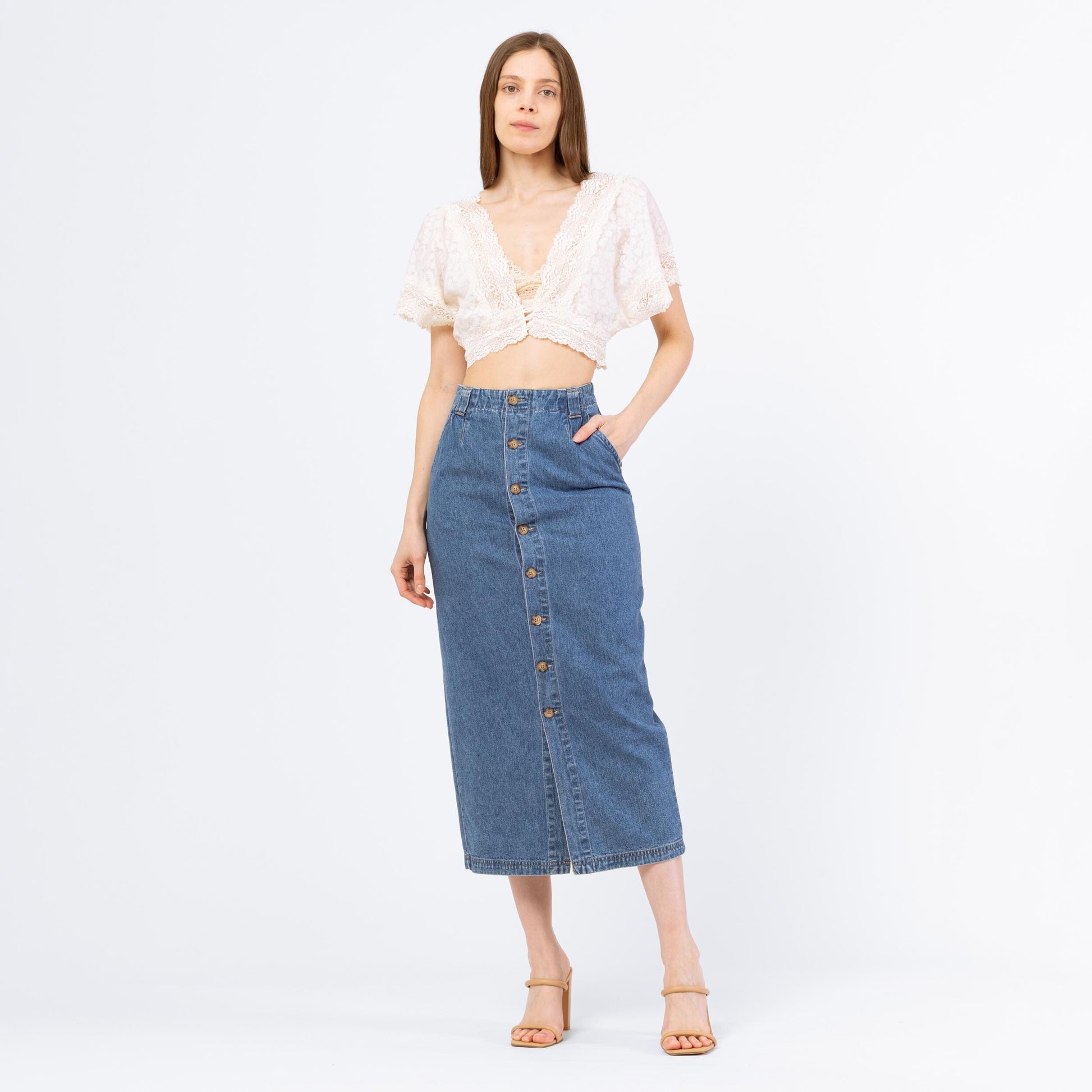 Vintage 90s Denim Button Front Midi Pencil Skirt - Extra Small, 25" Waist | High Waisted Medium Wash Blue Jean Long Straight Skirt