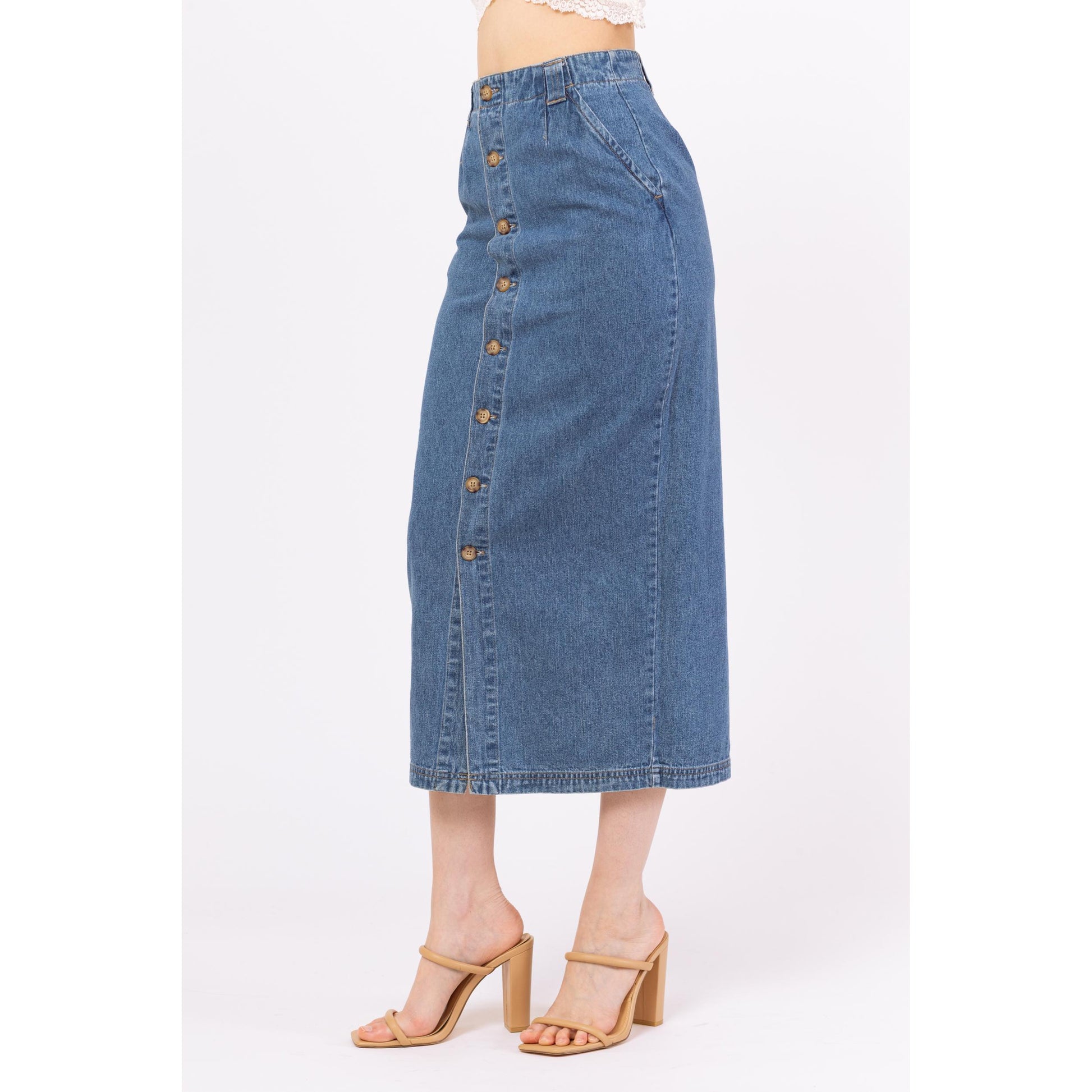 Vintage 90s Denim Button Front Midi Pencil Skirt - Extra Small, 25" Waist | High Waisted Medium Wash Blue Jean Long Straight Skirt