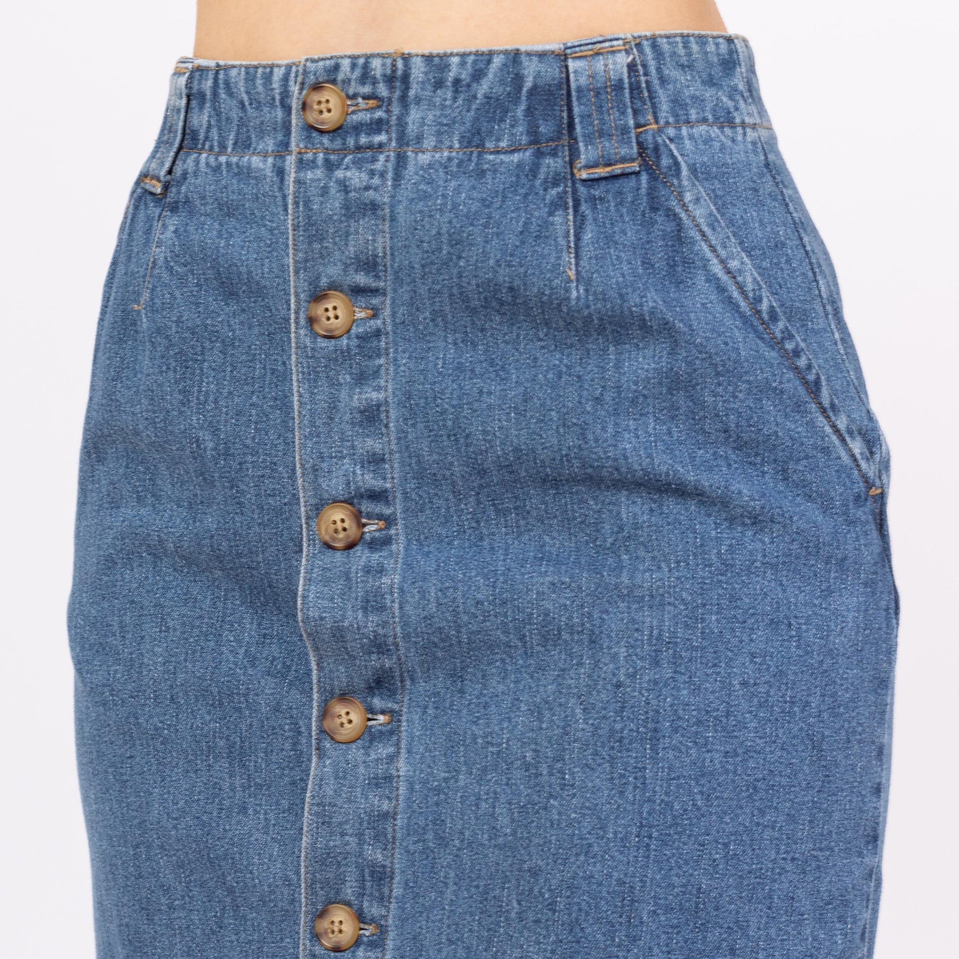 Vintage 90s Denim Button Front Midi Pencil Skirt - Extra Small, 25" Waist | High Waisted Medium Wash Blue Jean Long Straight Skirt