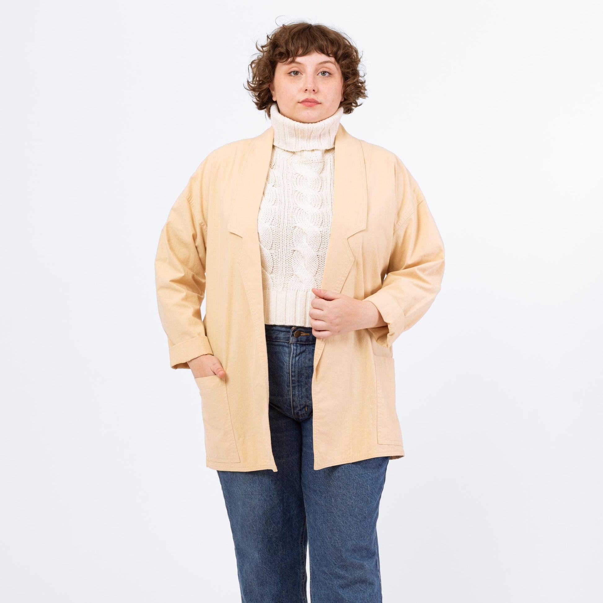 Vintage 80s Tan Cotton Chore Pocket Blazer - Large | Minimalist Lightweight Open Front Jacket, Neutral Layering Basic