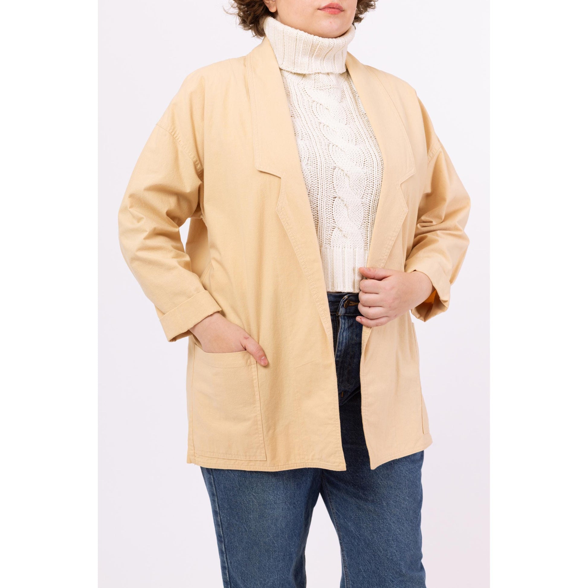 Vintage 80s Tan Cotton Chore Pocket Blazer - Large | Minimalist Lightweight Open Front Jacket, Neutral Layering Basic