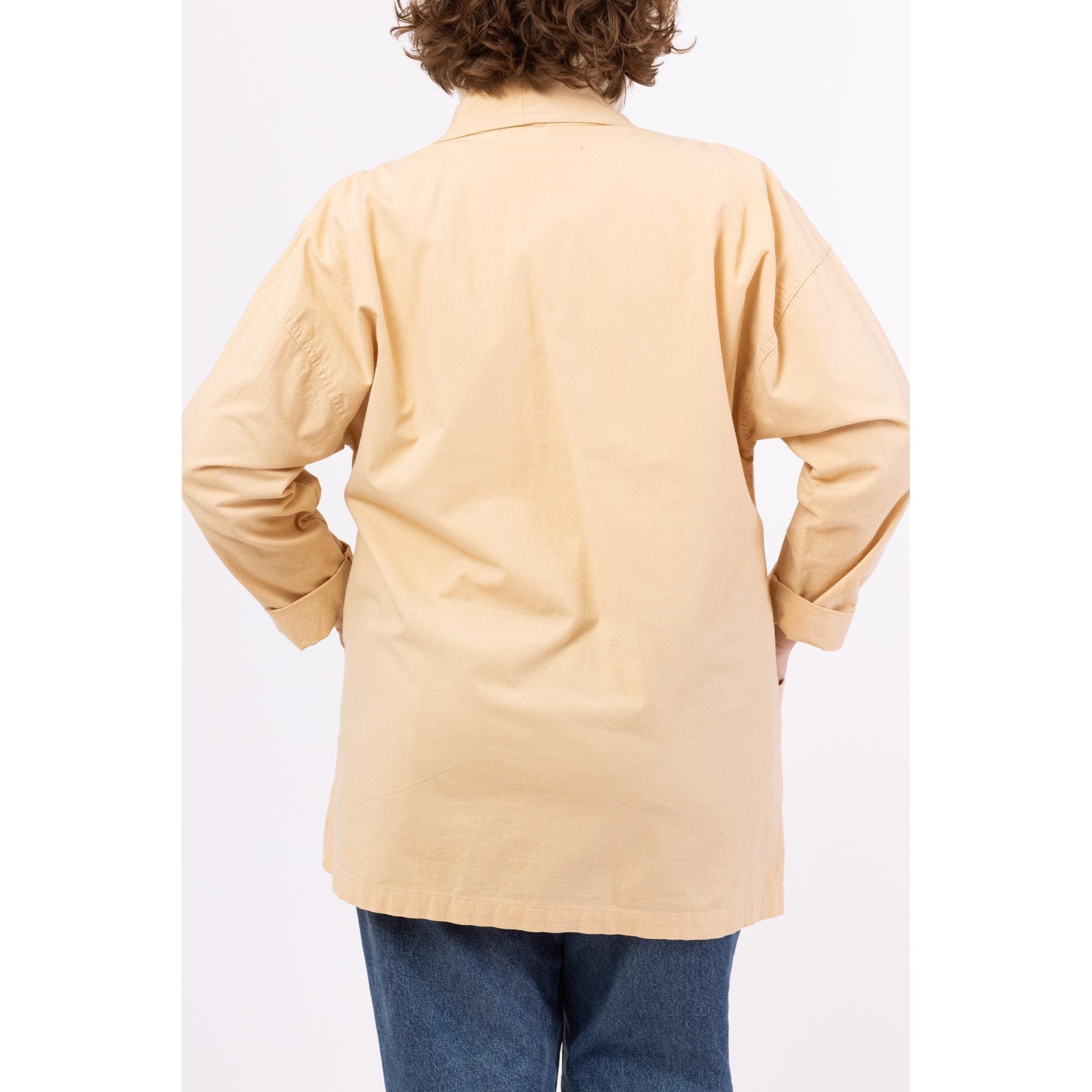 Vintage 80s Tan Cotton Chore Pocket Blazer - Large | Minimalist Lightweight Open Front Jacket, Neutral Layering Basic