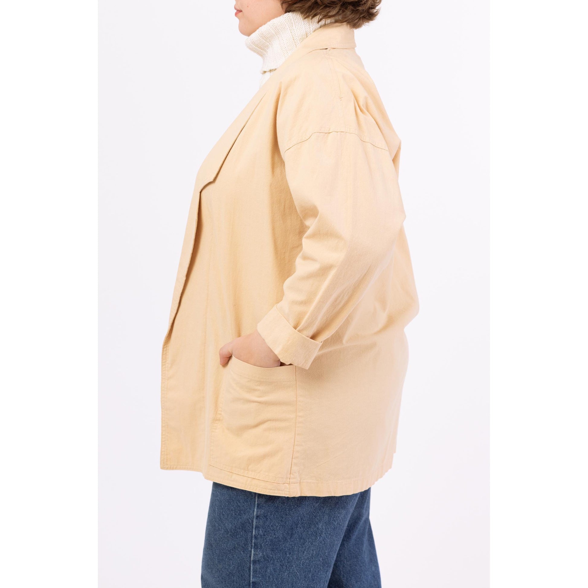 Vintage 80s Tan Cotton Chore Pocket Blazer - Large | Minimalist Lightweight Open Front Jacket, Neutral Layering Basic