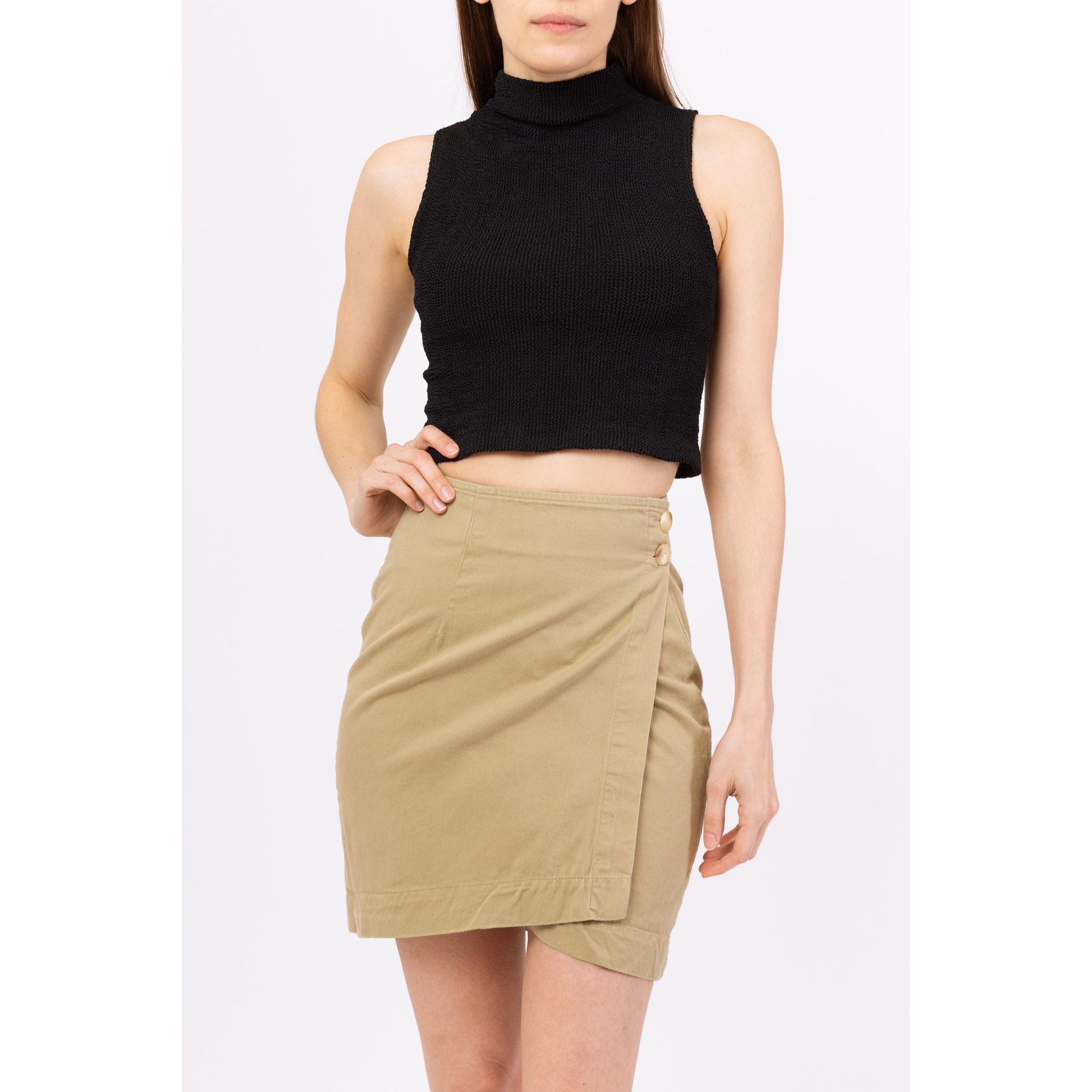 Vintage 90s Khaki Cotton Mini Wrap Skirt - Extra Small, 24” Waist | High Waisted Asymmetrical Minimalist Miniskirt, Preppy Pencil Skirt