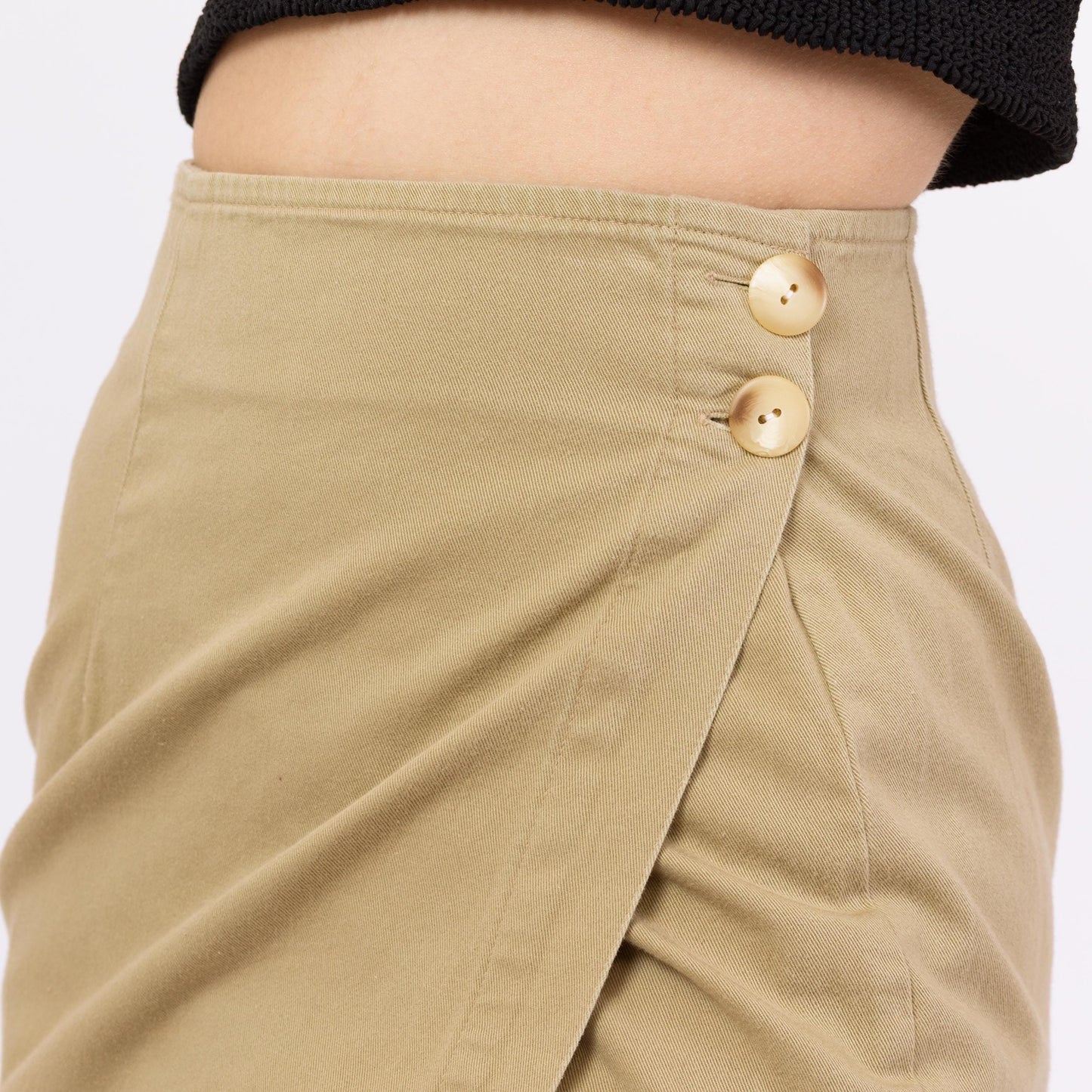 Vintage 90s Khaki Cotton Mini Wrap Skirt - Extra Small, 24” Waist | High Waisted Asymmetrical Minimalist Miniskirt, Preppy Pencil Skirt