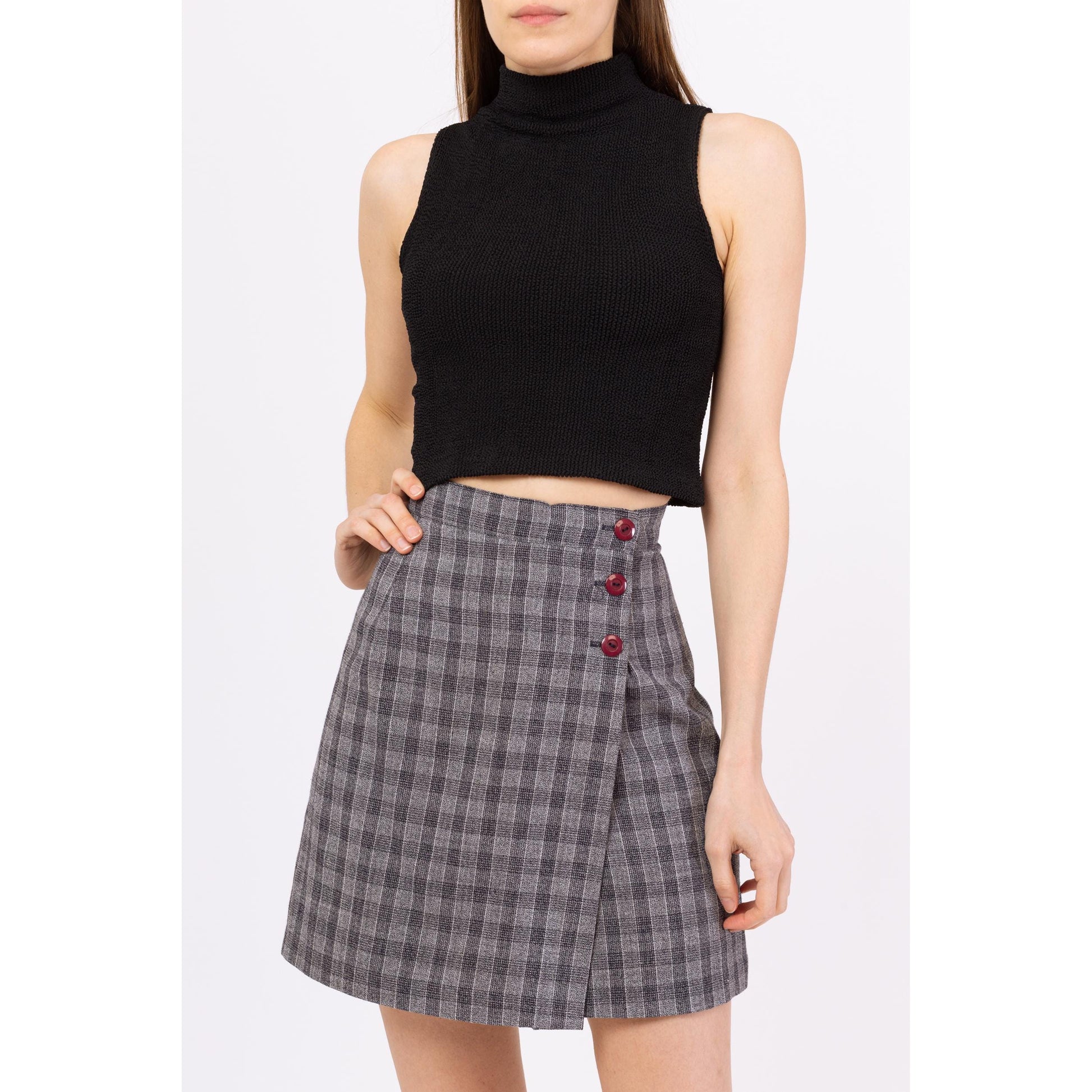 Vintage 90s Preppy Grey Plaid High Waisted Mini Skort - Medium, 28" Waist | A Line Schoolgirl Mod Wrap Mini Skirt