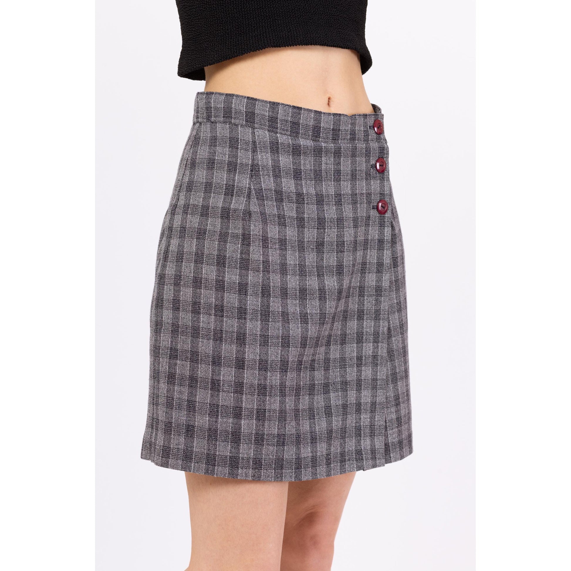 Vintage 90s Preppy Grey Plaid High Waisted Mini Skort - Medium, 28" Waist | A Line Schoolgirl Mod Wrap Mini Skirt
