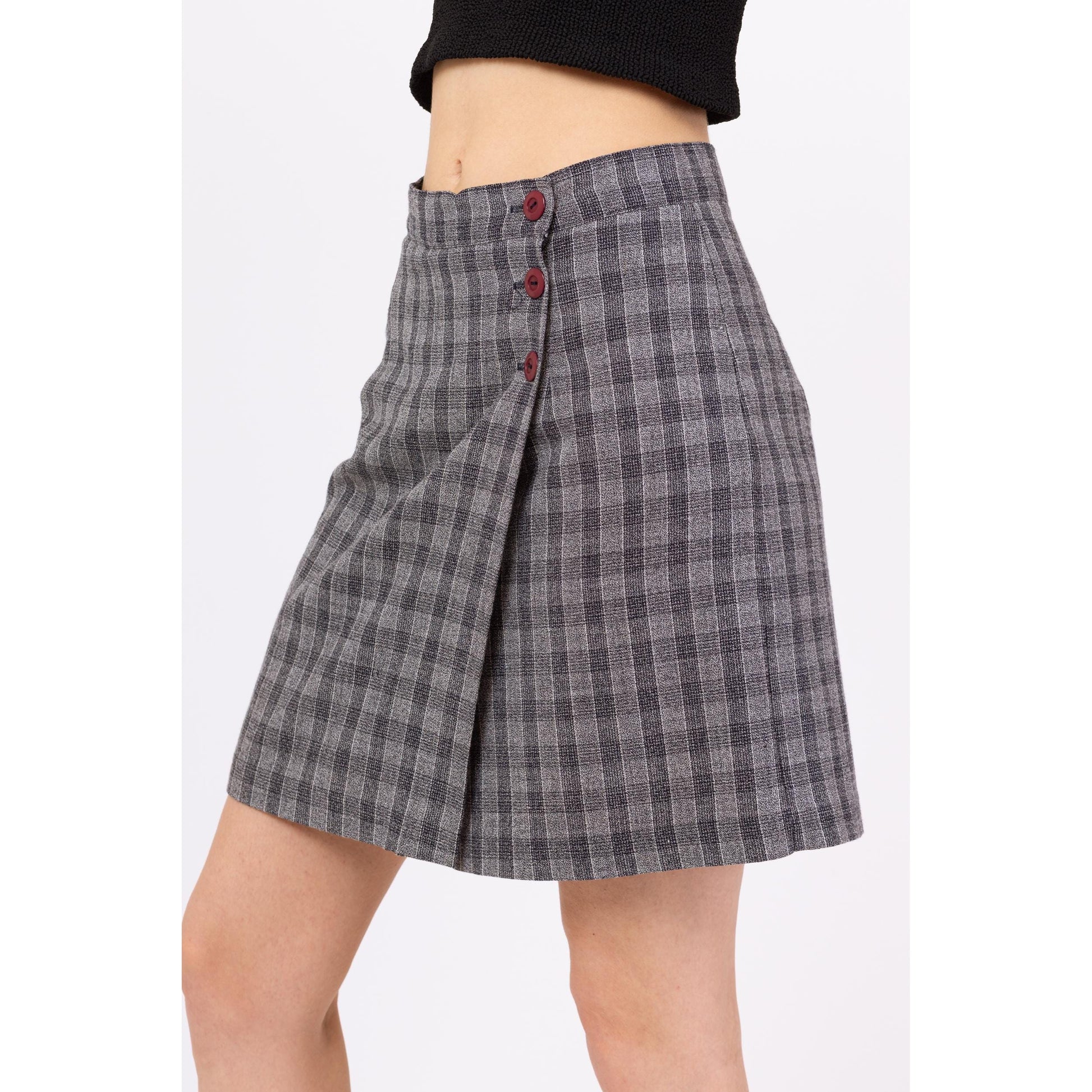 Vintage 90s Preppy Grey Plaid High Waisted Mini Skort - Medium, 28" Waist | A Line Schoolgirl Mod Wrap Mini Skirt