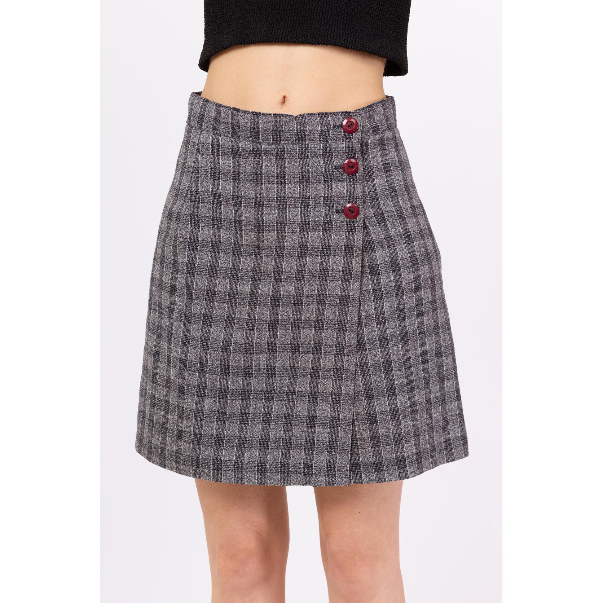 Vintage 90s Preppy Grey Plaid High Waisted Mini Skort - Medium, 28" Waist | A Line Schoolgirl Mod Wrap Mini Skirt