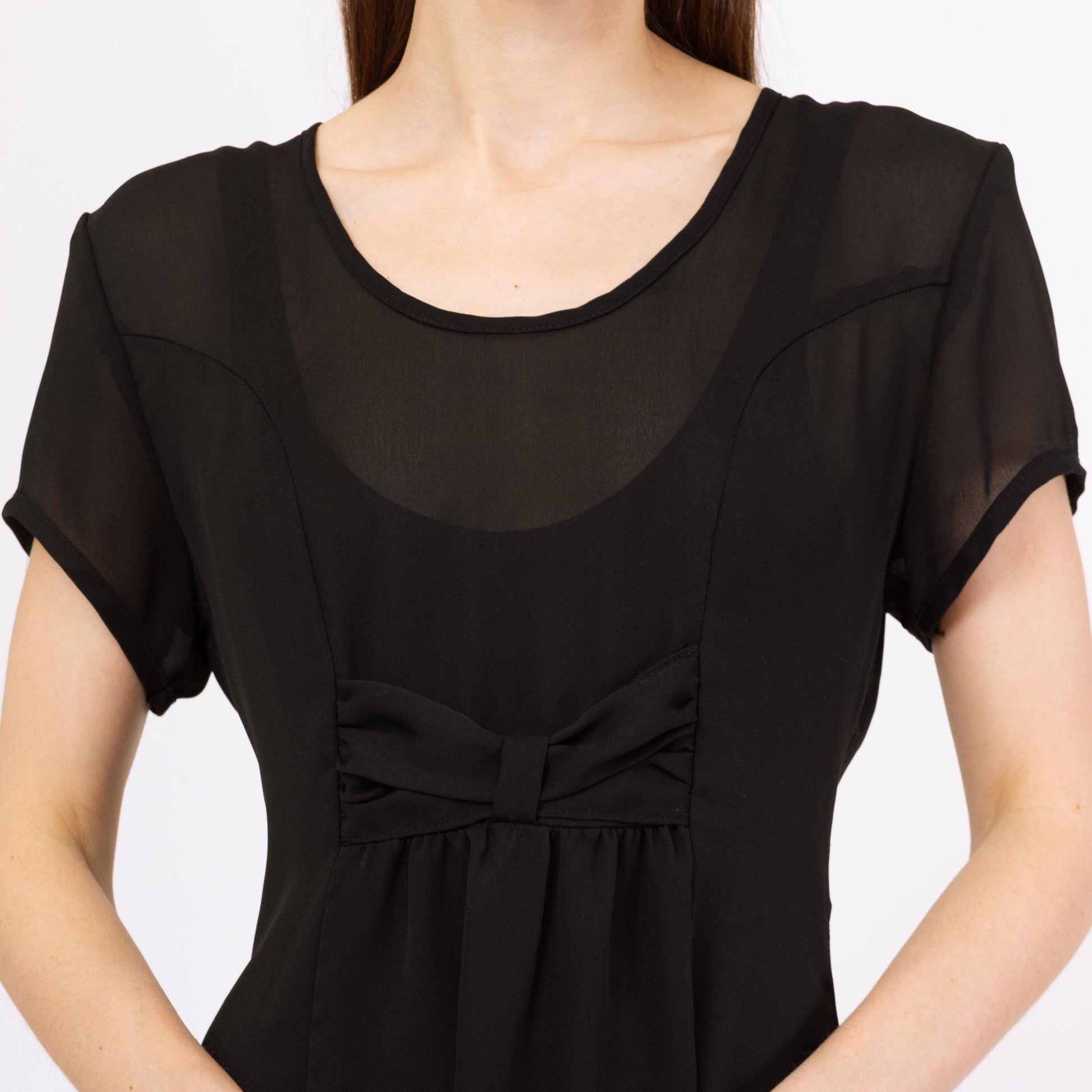 Vintage 90s Sheer Black Babydoll Mini Dress - Medium | Grunge Short Sleeve Bow Tie A Line Party Dress