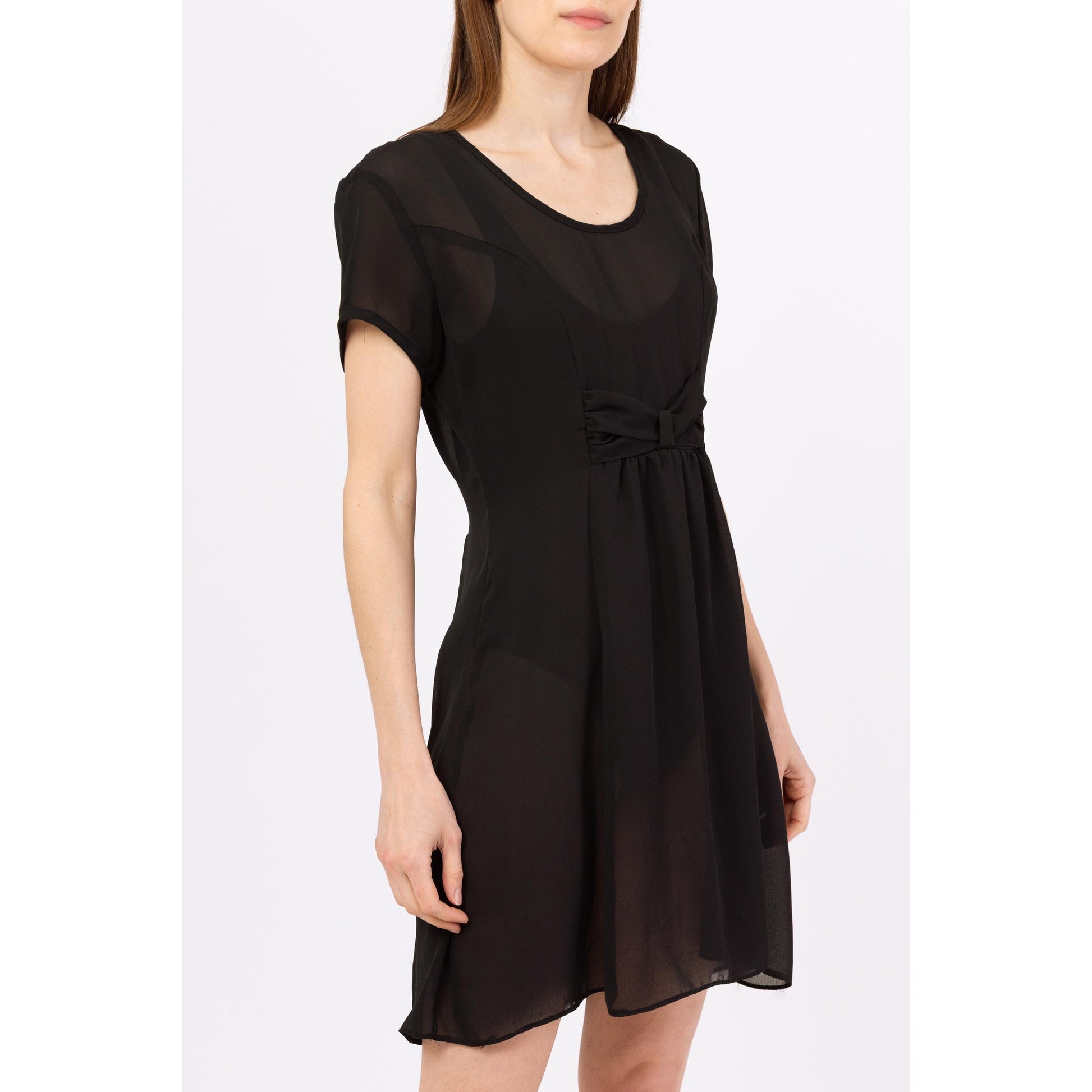 Vintage 90s Sheer Black Babydoll Mini Dress - Medium | Grunge Short Sleeve Bow Tie A Line Party Dress