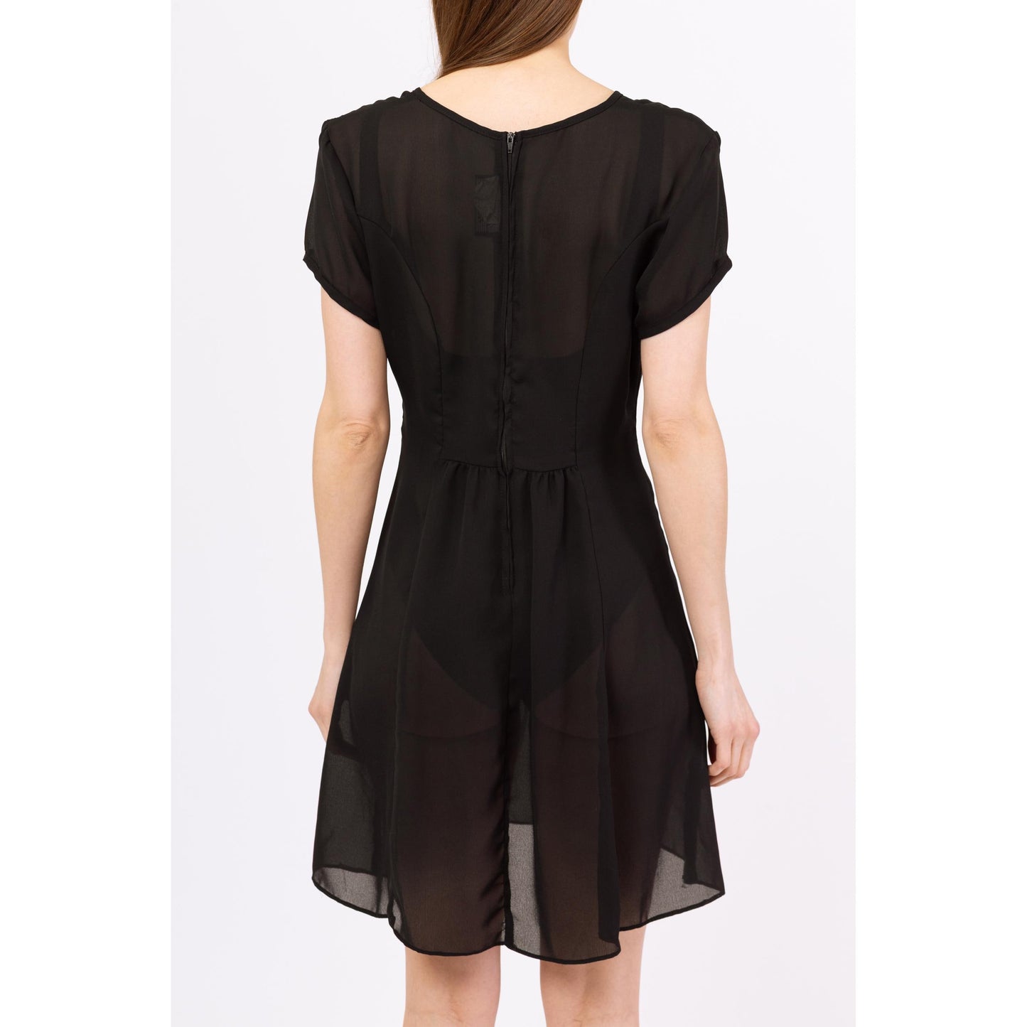 Vintage 90s Sheer Black Babydoll Mini Dress - Medium | Grunge Short Sleeve Bow Tie A Line Party Dress