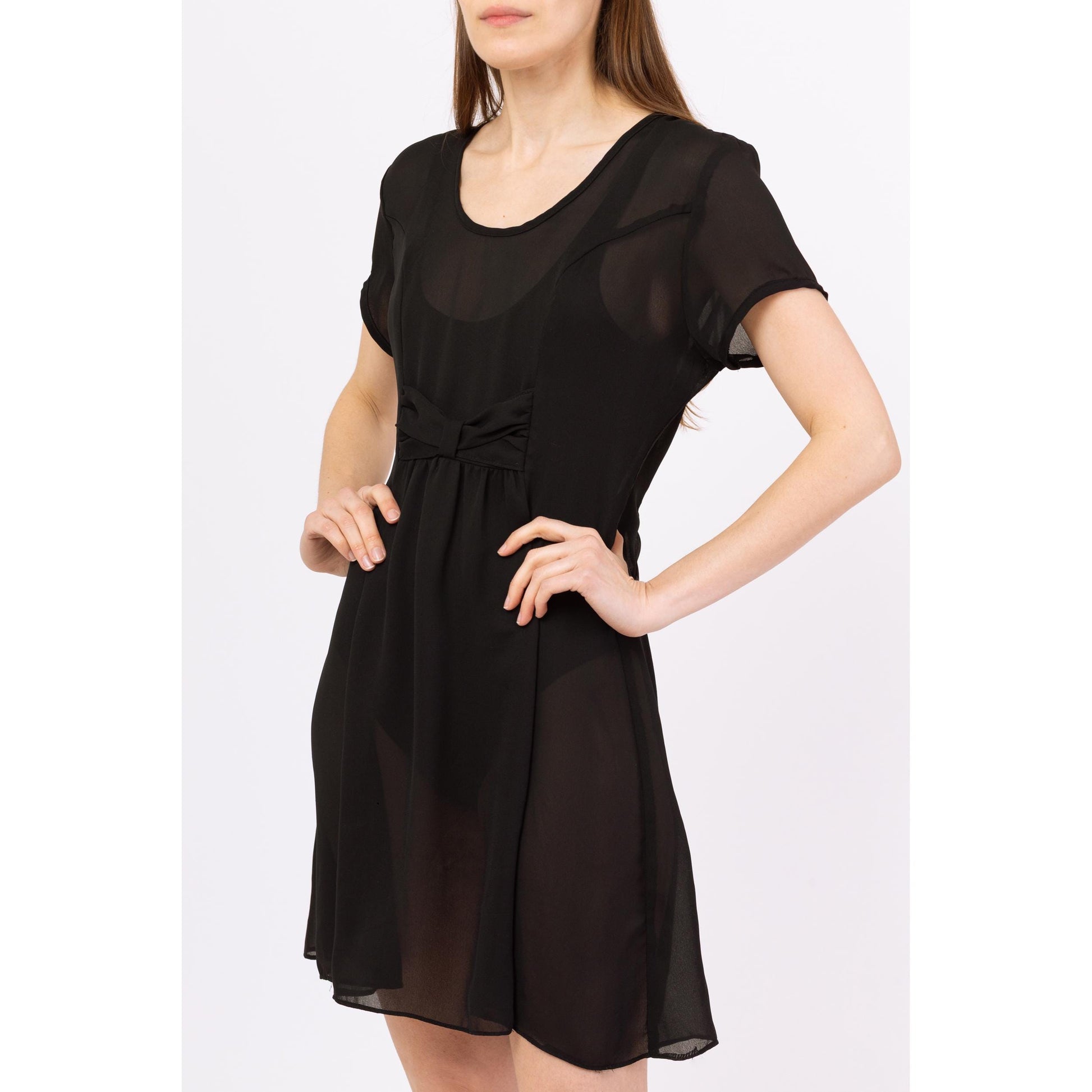 Vintage 90s Sheer Black Babydoll Mini Dress - Medium | Grunge Short Sleeve Bow Tie A Line Party Dress